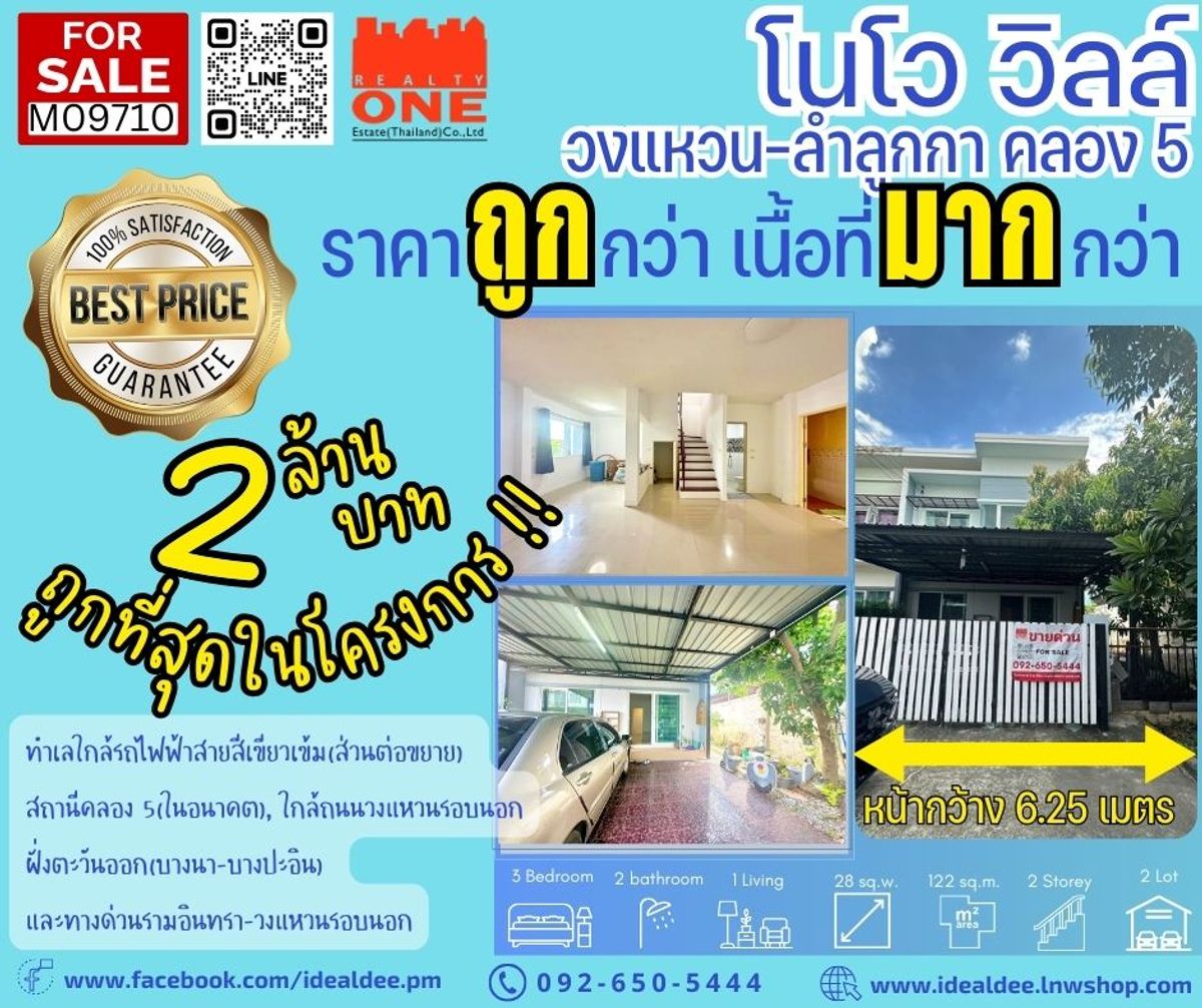 ขายทาวน์โฮมปทุมธานี รังสิต ธรรมศาสตร์ : ขายถูกสุดในโครงการ ทาวน์เฮ้าส์ 2 ชั้น หลังริม หน้ากว้าง 6.25 เมตร Novo Ville (โนโว วิลล์) วงแหวน-ลำลูกกา คลอง 5