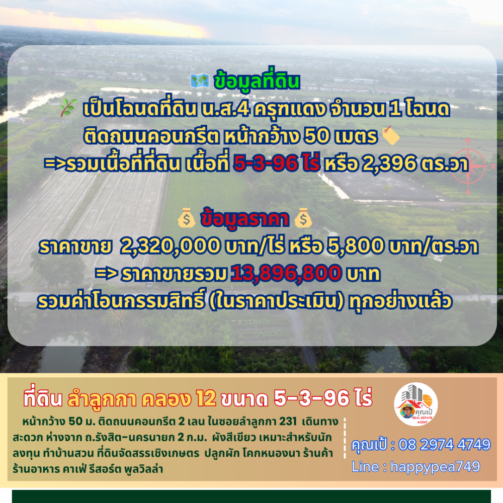 ขายที่ดินปทุมธานี รังสิต ธรรมศาสตร์ : 💰 ที่ดินลำลูกกา คลอง 12 ขนาด 5-3-96 ไร่ หน้ากว้างติดถนน 50 เมตร อยู่ในซอยลำลูกกา 231 ซึ่งเป็นถนนคอนกรีต 2 เลนตัดใหม่ ทำเลดี ใกล้ถนนรังสิต-นครนายก เหมาะสำหรับนักลงทุน ทำสวนเกษตร โคกหนองนา