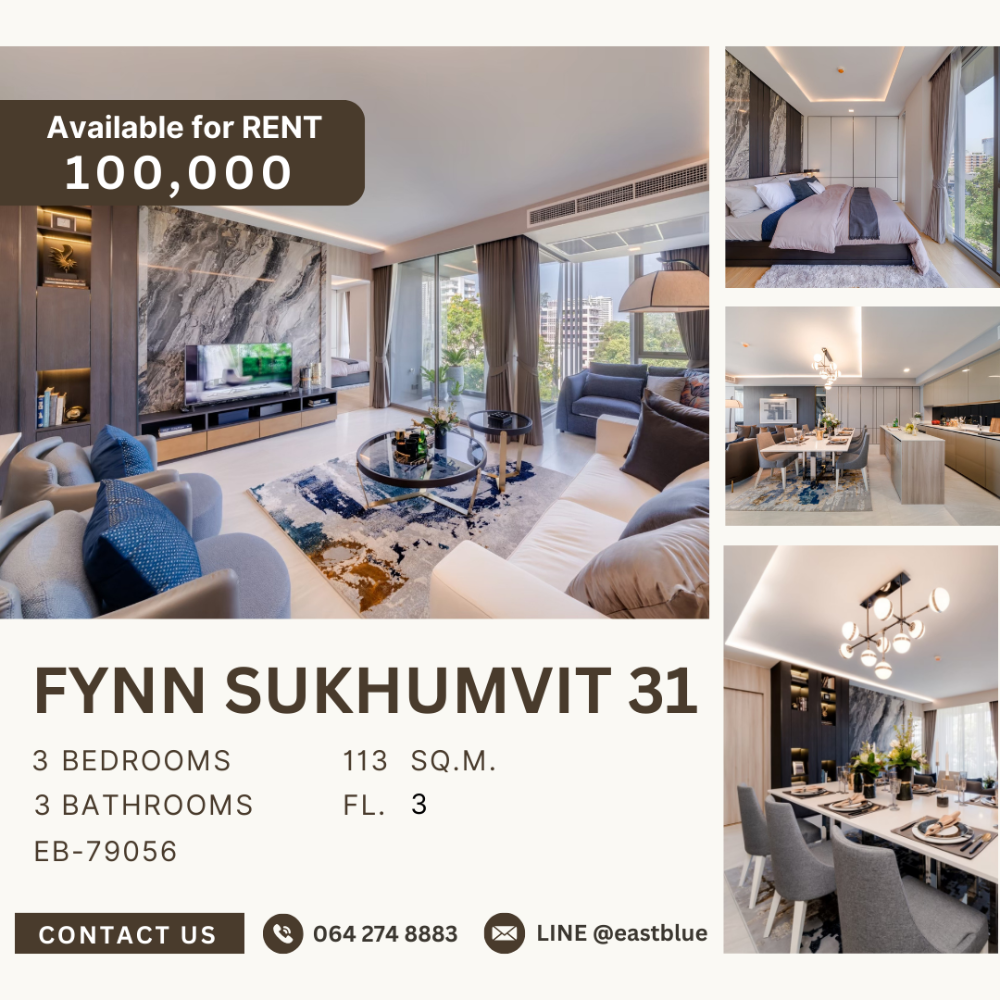 ให้เช่าคอนโดสุขุมวิท อโศก ทองหล่อ : FYNN Sukhumvit 31 3 Bedroom แต่งสวย 100k ต่อเดือน