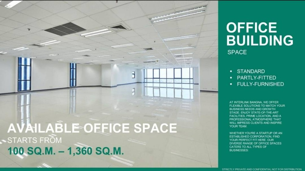 For RentOfficeBangna, Bearing, Lasalle : Office space for rent, on Bangna-Trad Road, Interlink Tower Building, Bangna, area 143.95 sq m., rental fee 86,370 baht*/month (600 baht per sq m.)