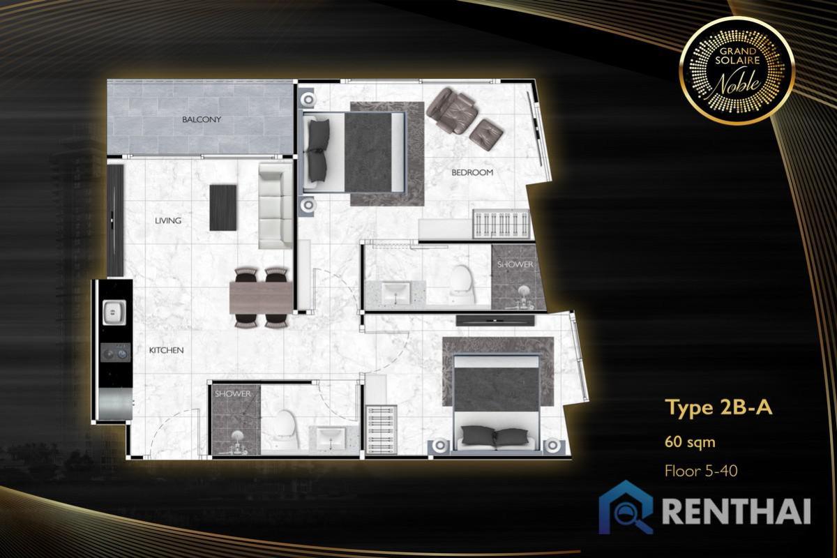 For SaleCondoPattaya, Bangsaen, Chonburi : For sale Grand Solaire Noble 2 bedroom 60 sqm