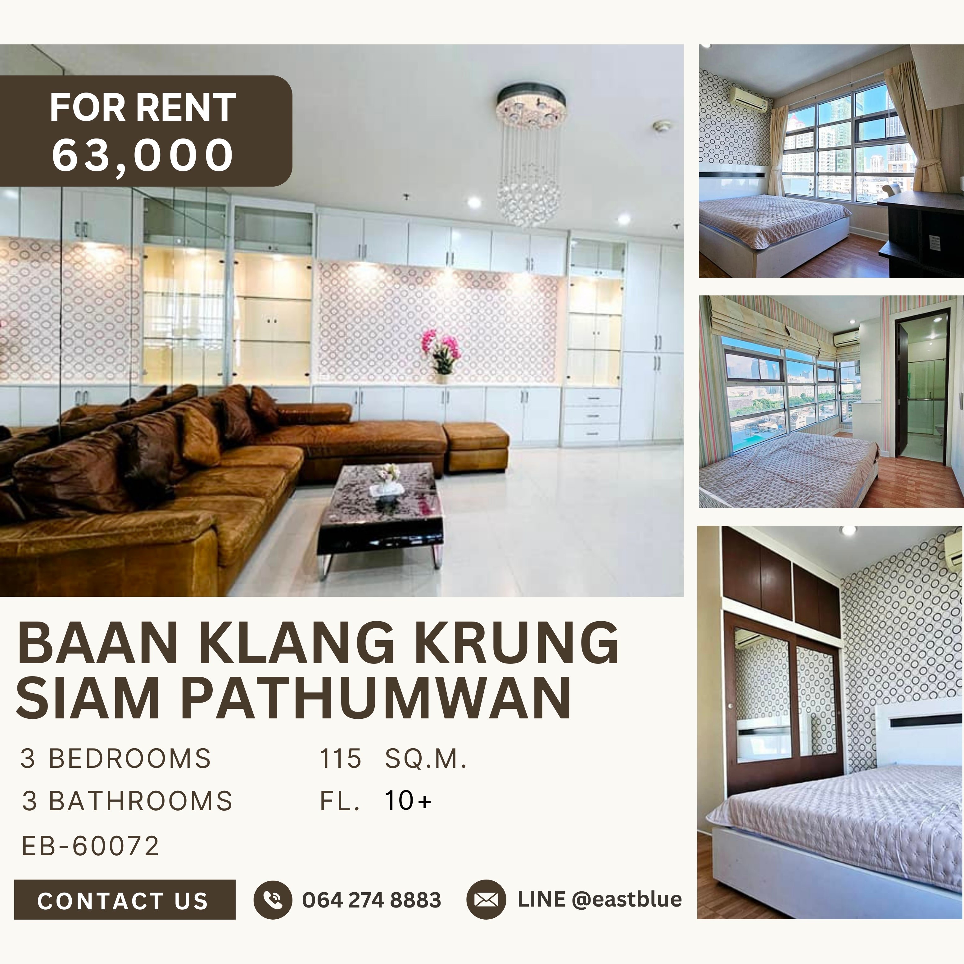 ให้เช่าคอนโดราชเทวี พญาไท : Baan Klang Krung Siam Pathumwan, 3 bed, 63000 per month