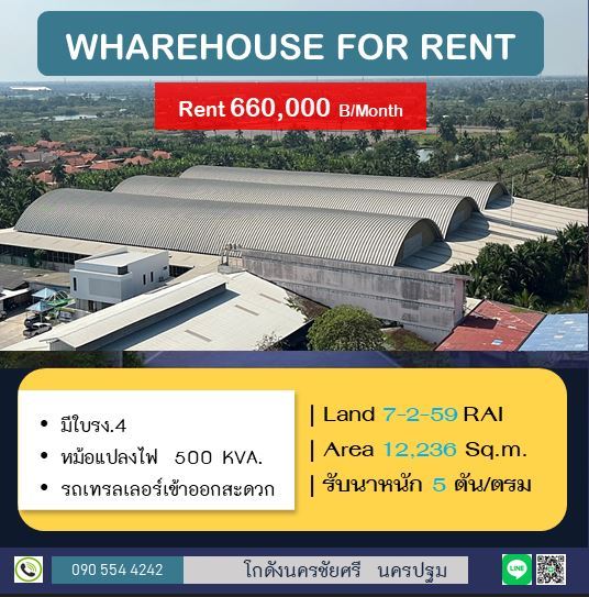 ให้เช่าโรงงานนครปฐม : ให้เช่าโรงงาน 7-2-59 ไร่ (3,059 ตร.ว.) พื้นที่ใช้สอย 12,236 ตร.ม. มีใบ รง.4 พร้อมอาคารพักคนงาน 30 ห้อง หม้อแปลงไฟ 500 KVA ทำเล : นครชัยศรี นครปฐม ใกล้กรุงเทพเพียง 40 นาที
