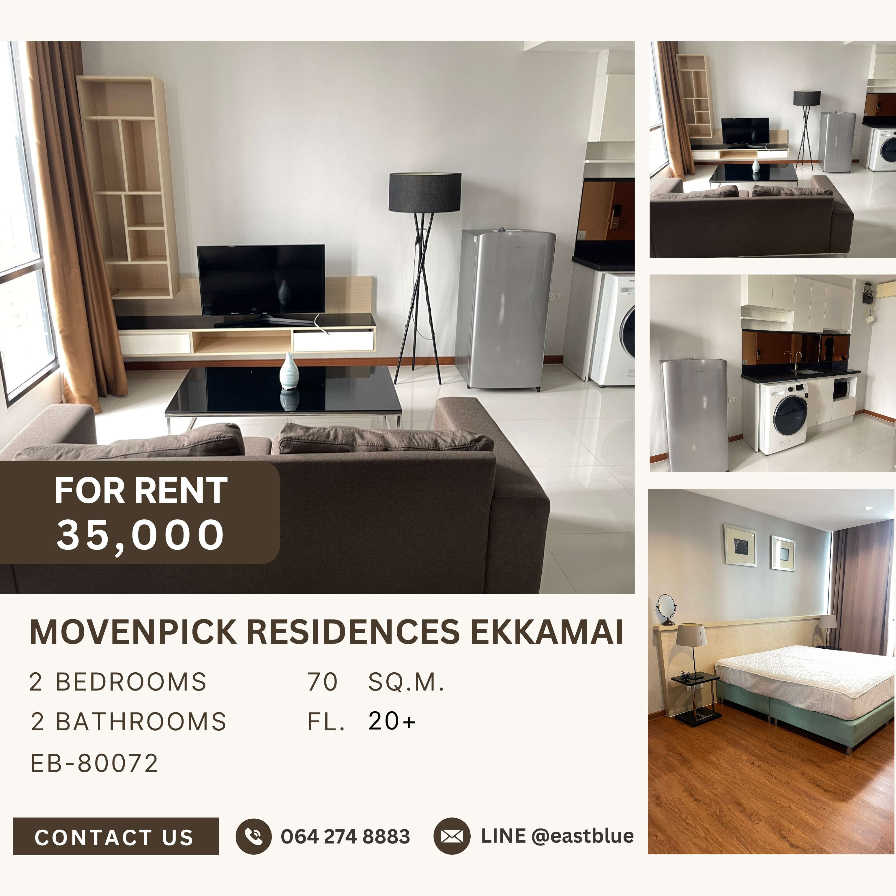 ให้เช่าคอนโดสุขุมวิท อโศก ทองหล่อ : Movenpick Residences Ekkamai Bangkok, 2 bed, 35000 per month