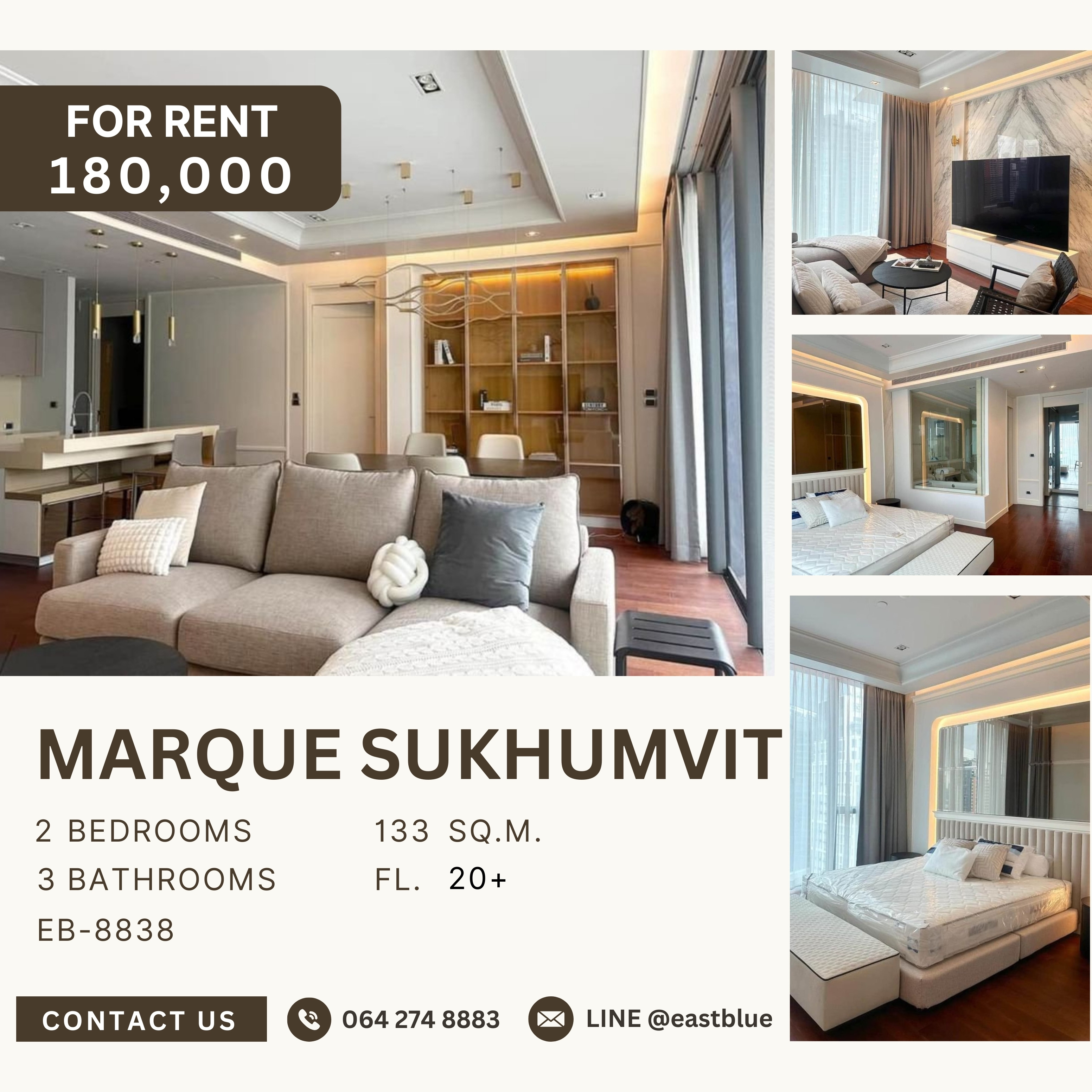 ให้เช่าคอนโดสุขุมวิท อโศก ทองหล่อ : Marque Sukhumvit, 2 bed, 180000 per month