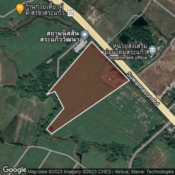 For SaleLandSa Kaeo : Land for sale in Sa Kaeo, Mueang Sa Kaeo District, area 55 rai, frontage on Suwannason Road