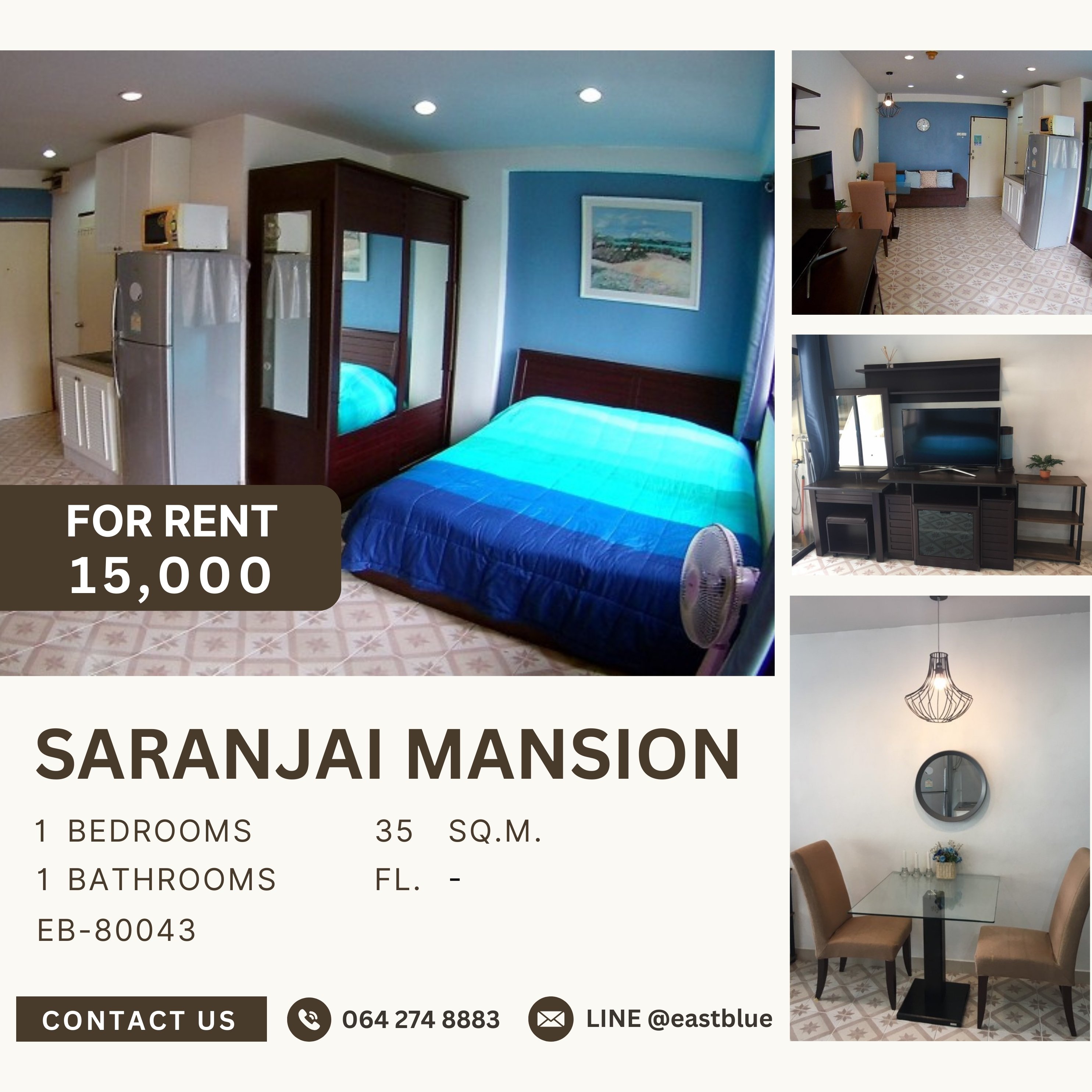 ให้เช่าคอนโดสุขุมวิท อโศก ทองหล่อ : Saranjai Mansion, 1 bed, 15000 per month