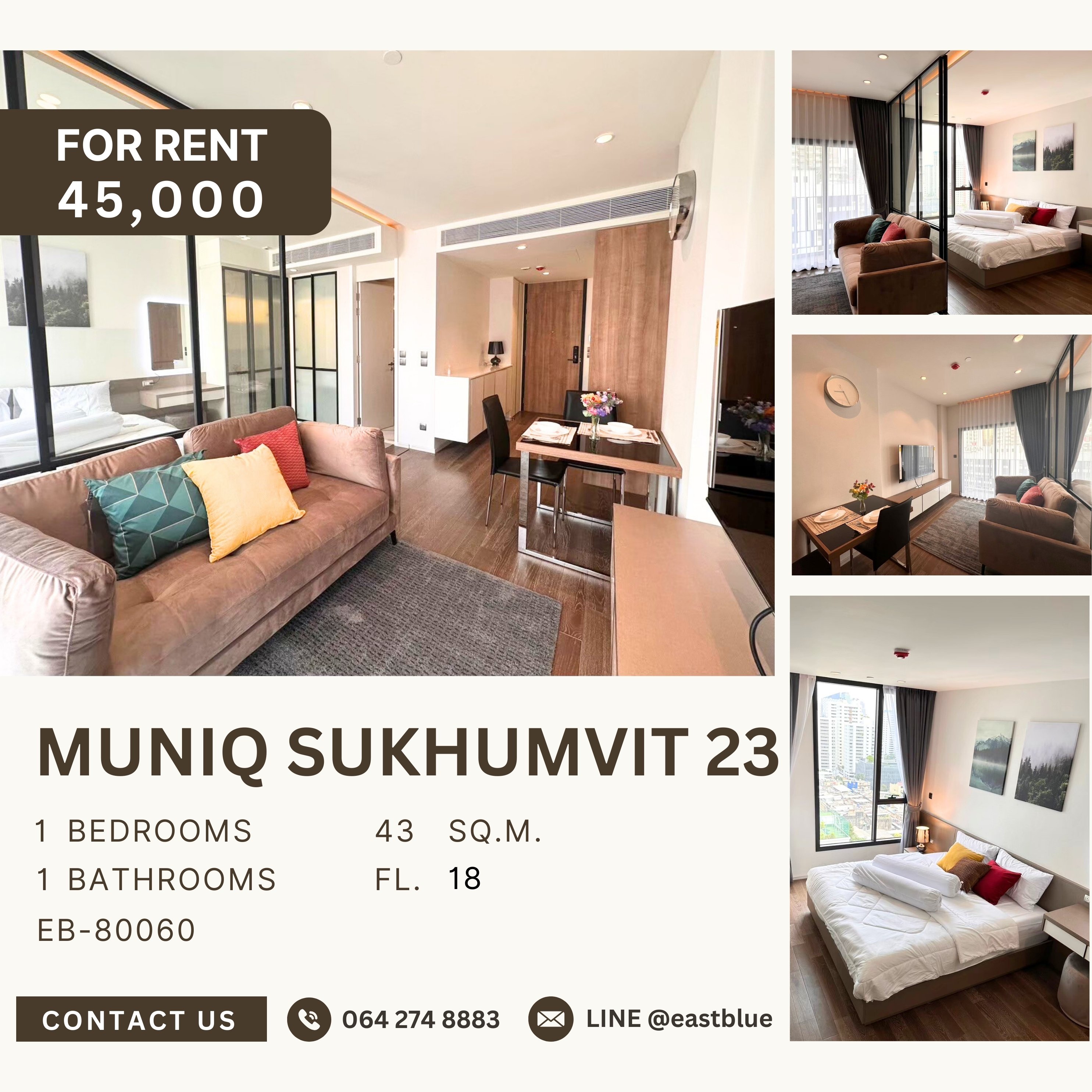 ให้เช่าคอนโดสุขุมวิท อโศก ทองหล่อ : Muniq Sukhumvit 23, 1 bed, 45000 per month