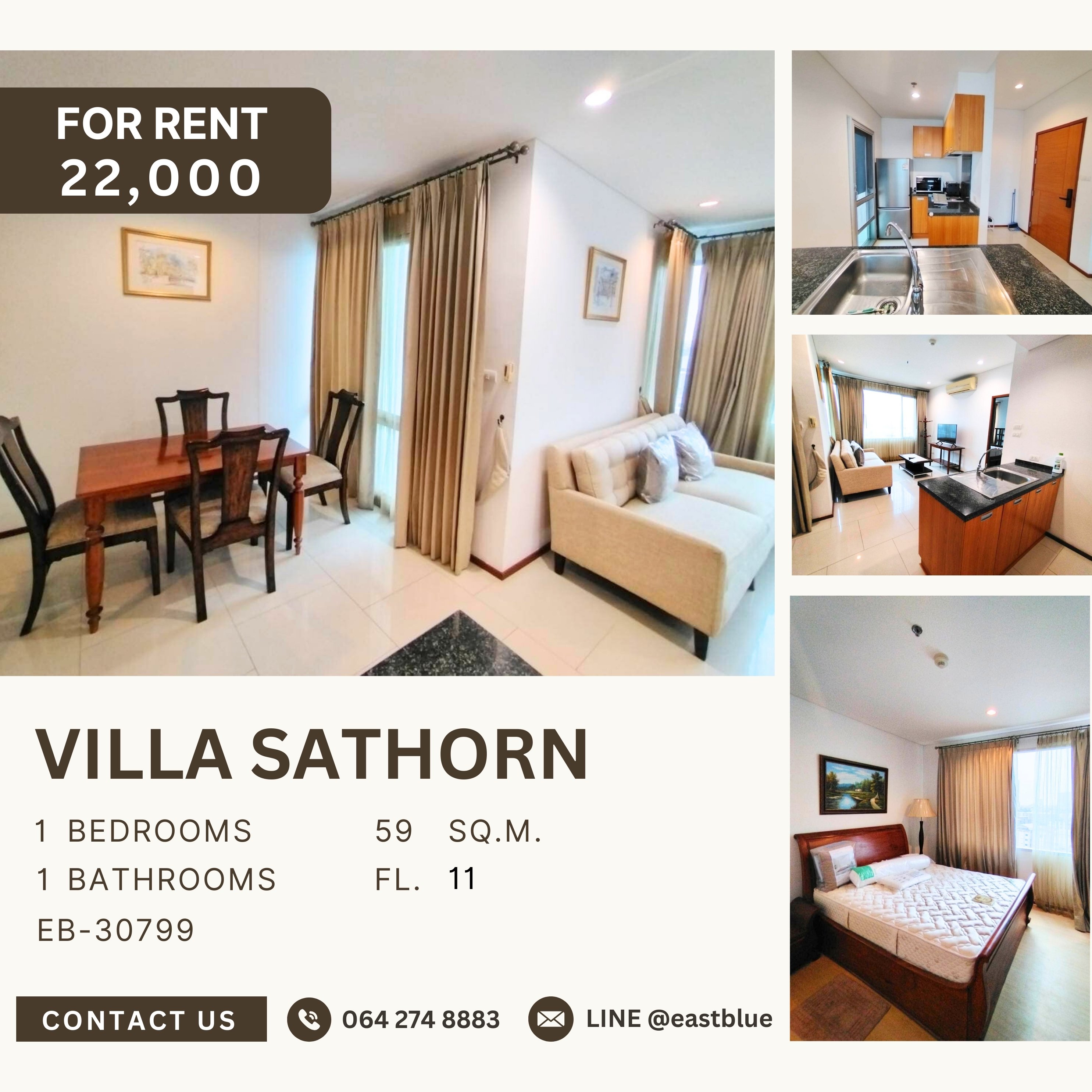 ให้เช่าคอนโดวงเวียนใหญ่ เจริญนคร : Villa Sathorn, 1 bed, 22000 per month