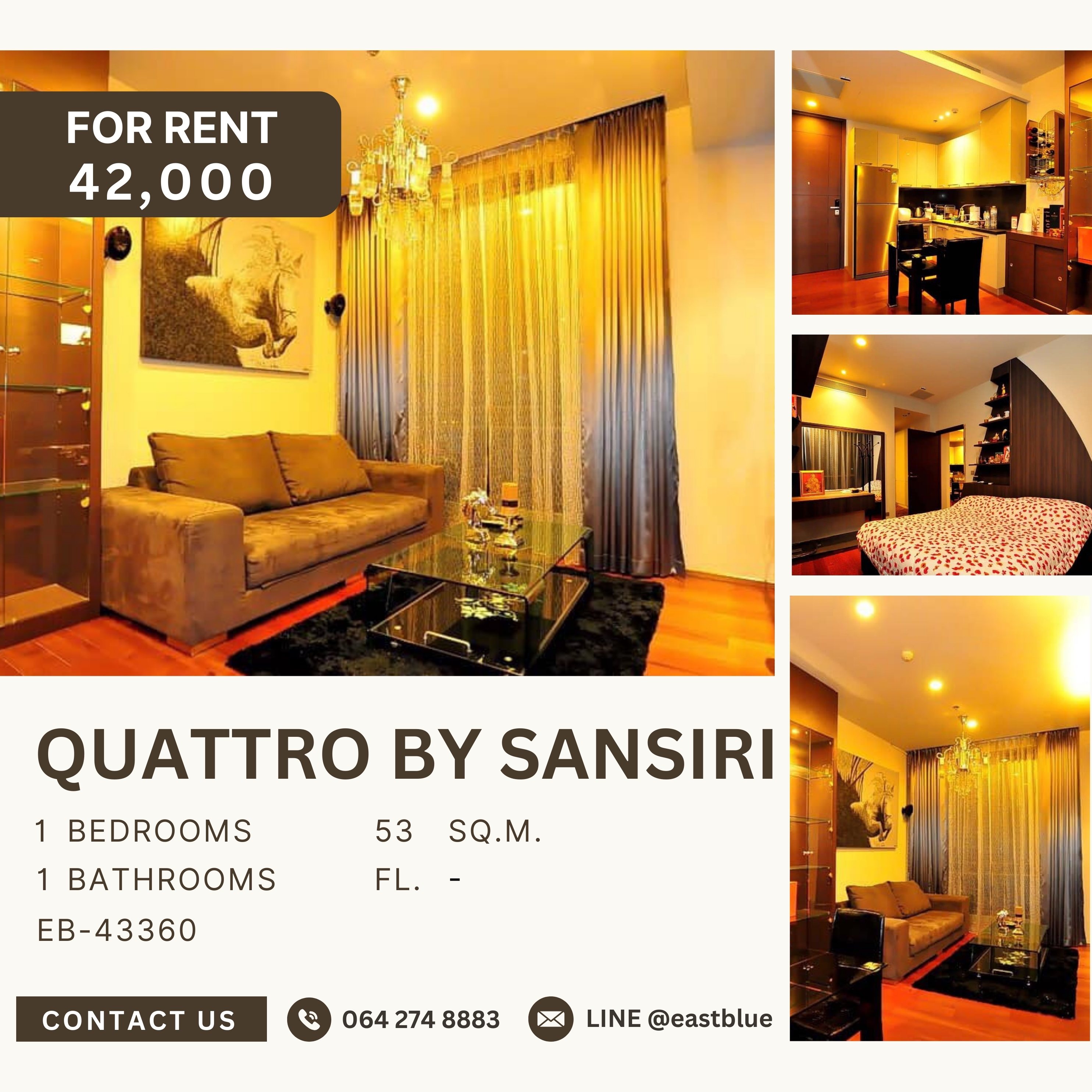 ให้เช่าคอนโดสุขุมวิท อโศก ทองหล่อ : Quattro by Sansiri, 1 bed, 42000 per month