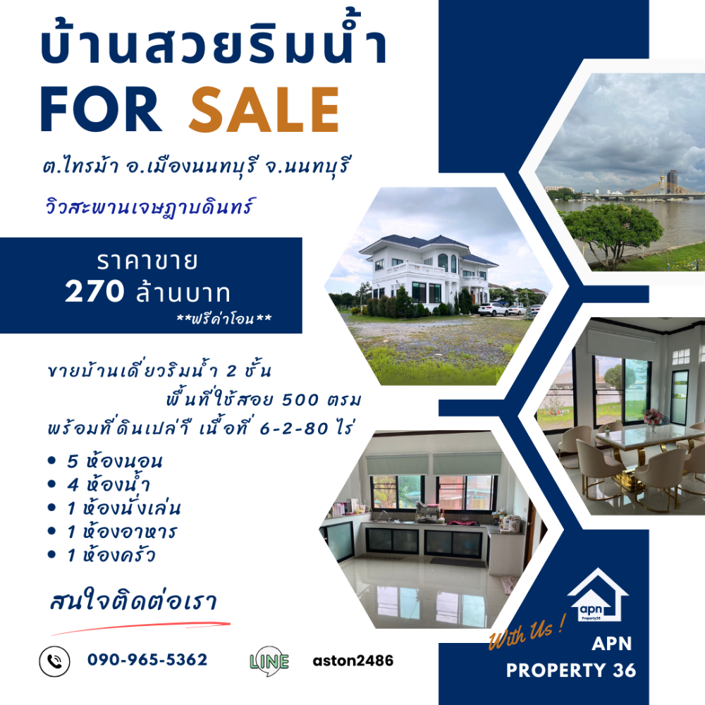 For SaleHouseNonthaburi, Bang Yai, Bangbuathong : Single house for sale on the banks of the Chao Phraya River with vacant land, area 6-2-80 rai