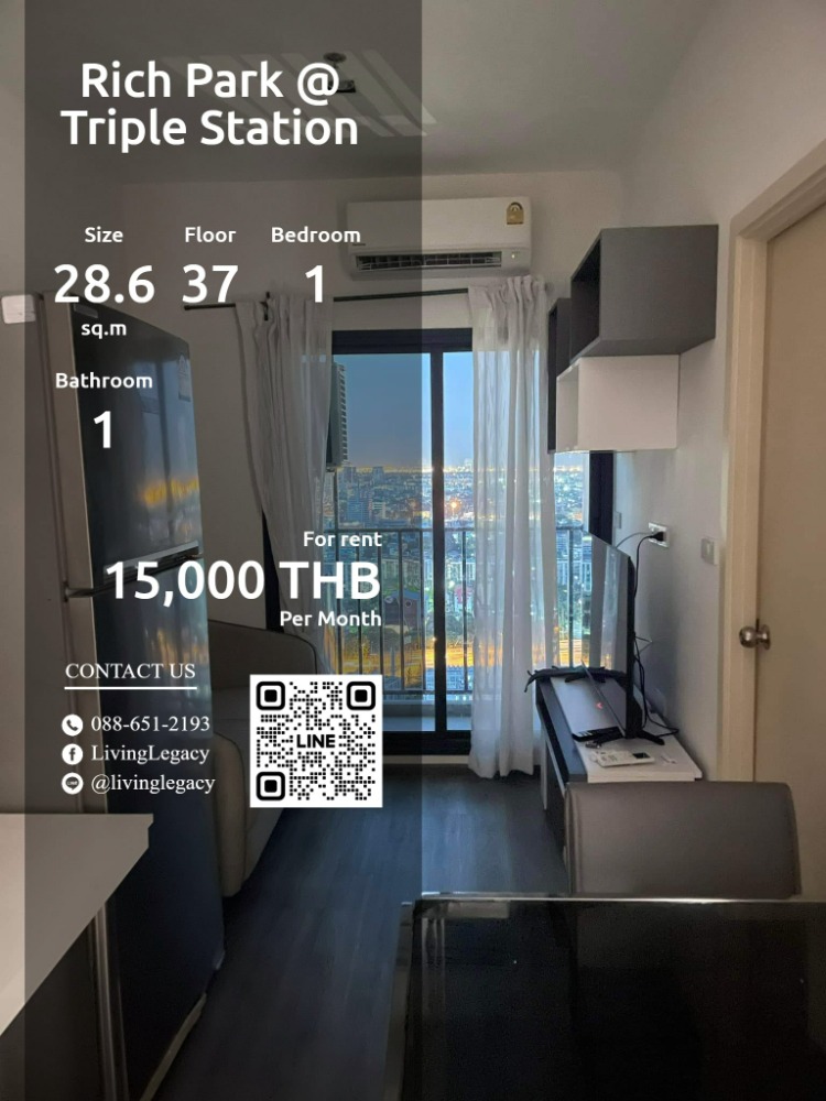 ให้เช่าคอนโดพัฒนาการ ศรีนครินทร์ : SI7P9J ให้เช่าคอนโด Rich Park @ Triple Station 28.66 ตร.ม. ชั้น 37 line id : @livinglegacy tel : 088-651-2193