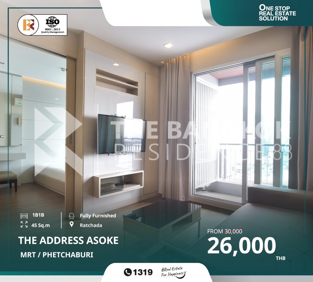 For RentCondoRama9, Petchburi, RCA : The Address AsokeFully furnished unit on a high floor at a great price, near MRT Phetchaburi.Rental Price: 26,000 BahtMarket Price: 30,000 BahtUnit Size: 46 sq.m. (1 Bedroom, 1 Bathroom)Project Details:Conveniently located near the Airport Link at