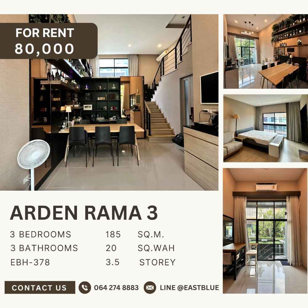 For RentTownhomeRama3 (Riverside),Satupadit : Arden Rama 3 (Arden Rama 3) 3.5-storey townhouse, fully furnished house, beautifully decorated, just bring your bags and move in. The front and back areas of the house are connected to the swimming pool. There are only a few units in the project.