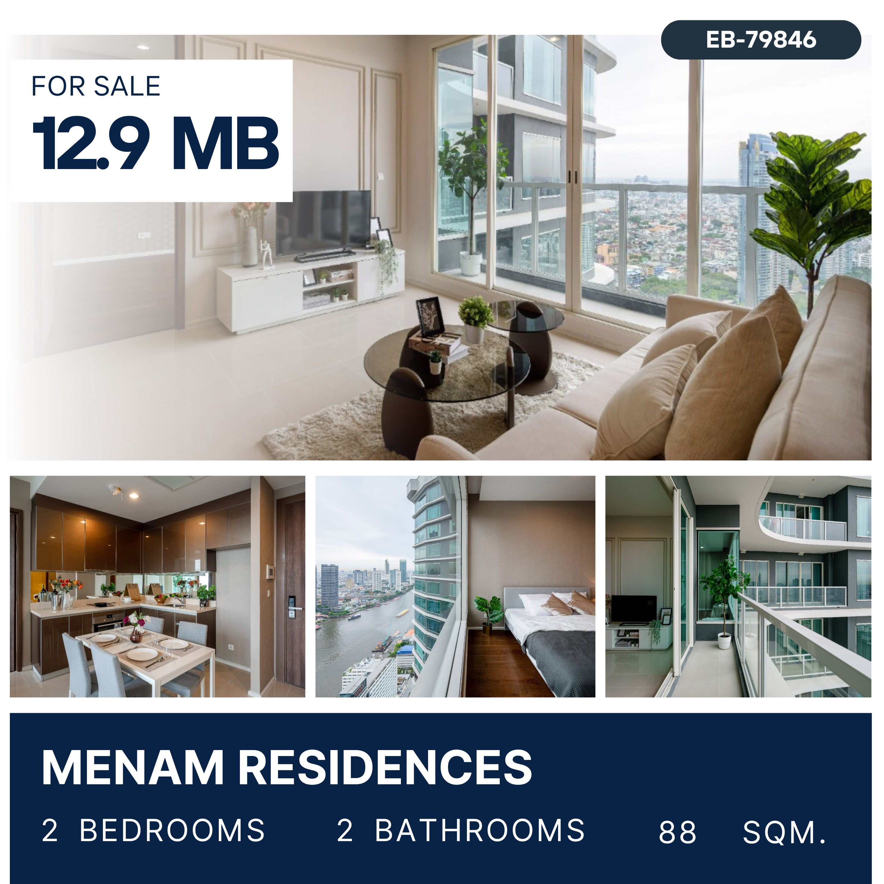 ขายคอนโดสาทร นราธิวาส : Menam Residences ห้องสวยที่สุด ราคาดีที่สุดในตึก 2 ห้องนอนไซส์ใหญ่ รีโนเวทใหม่ ชั้นสูงมาก วิวแม่น้ำ 13.9 MB.