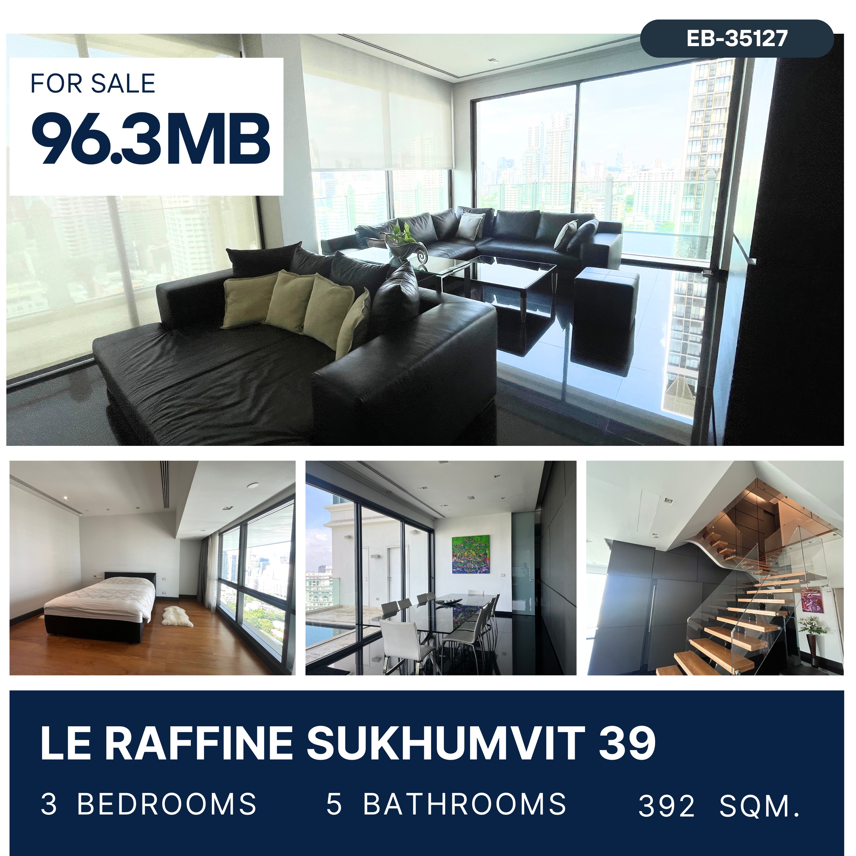 For SaleCondoSukhumvit, Asoke, Thonglor : Rare to find! extra large size 3 bedrooms in heart of Phromphong area, high floor, clear view, fully furnished with private swimming pool