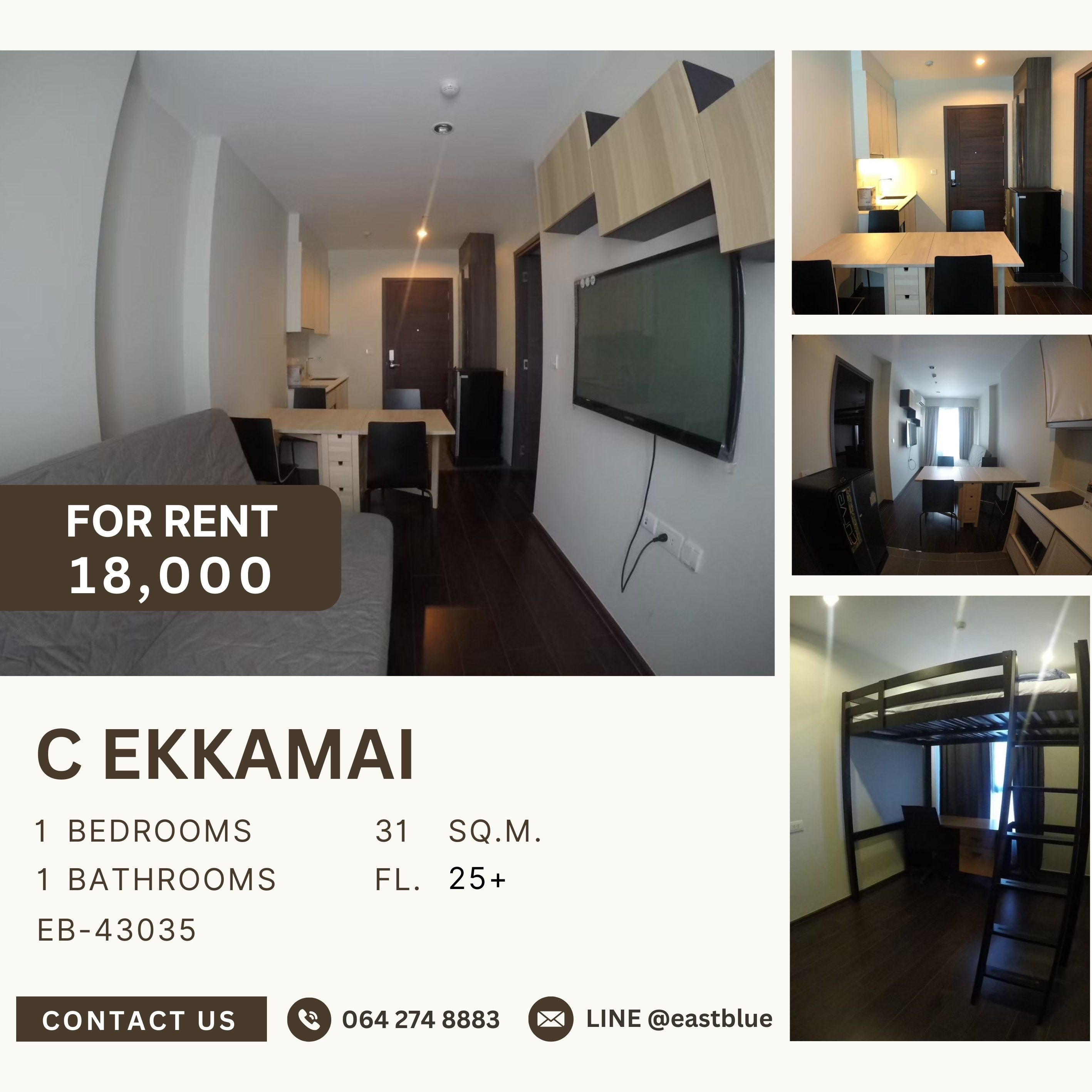 For RentCondoSukhumvit, Asoke, Thonglor : C Ekkamai, 1 bed, 18000 per month