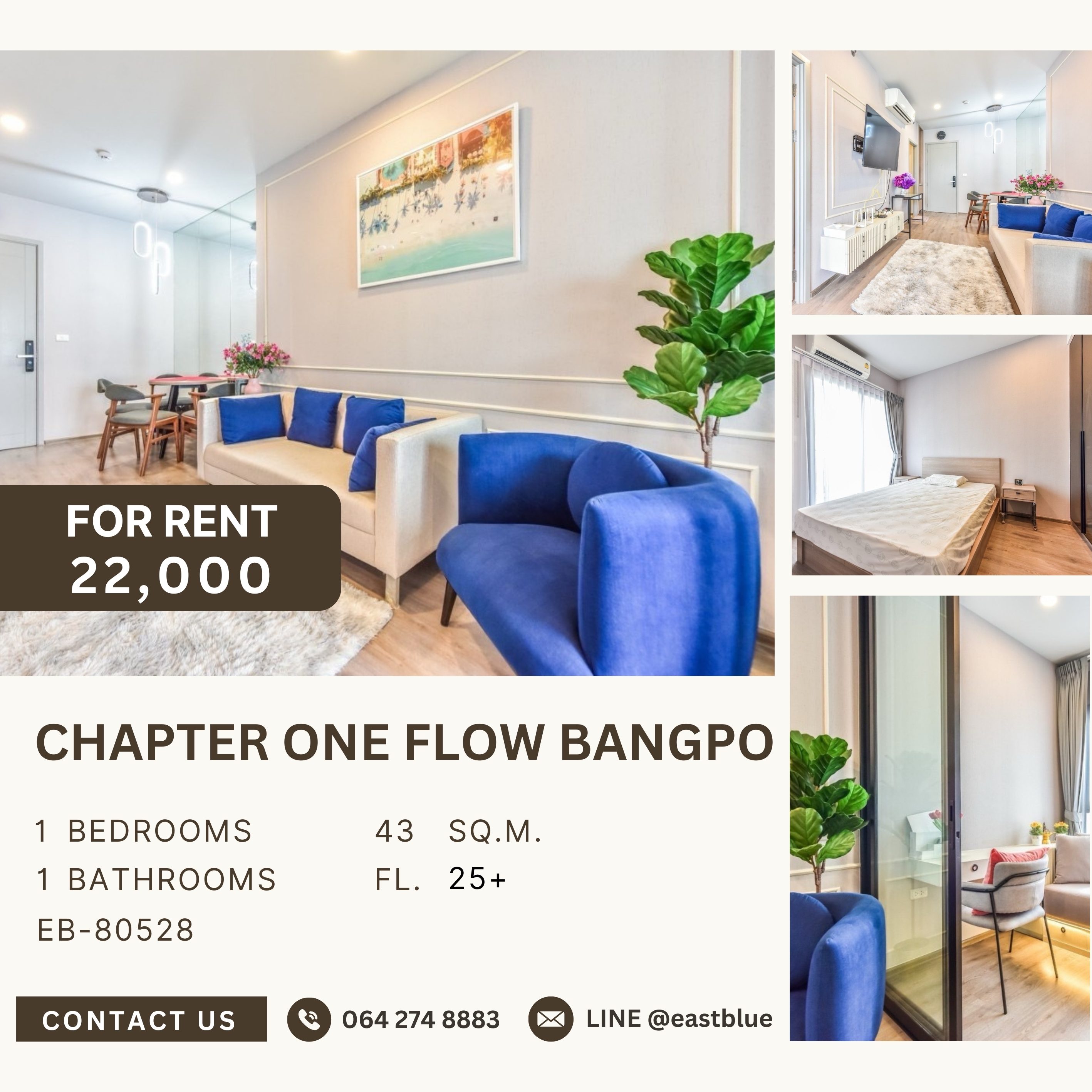 ให้เช่าคอนโดบางซื่อ วงศ์สว่าง เตาปูน : Chapter One Flow Bangpo, 1 bed, 22000 per month