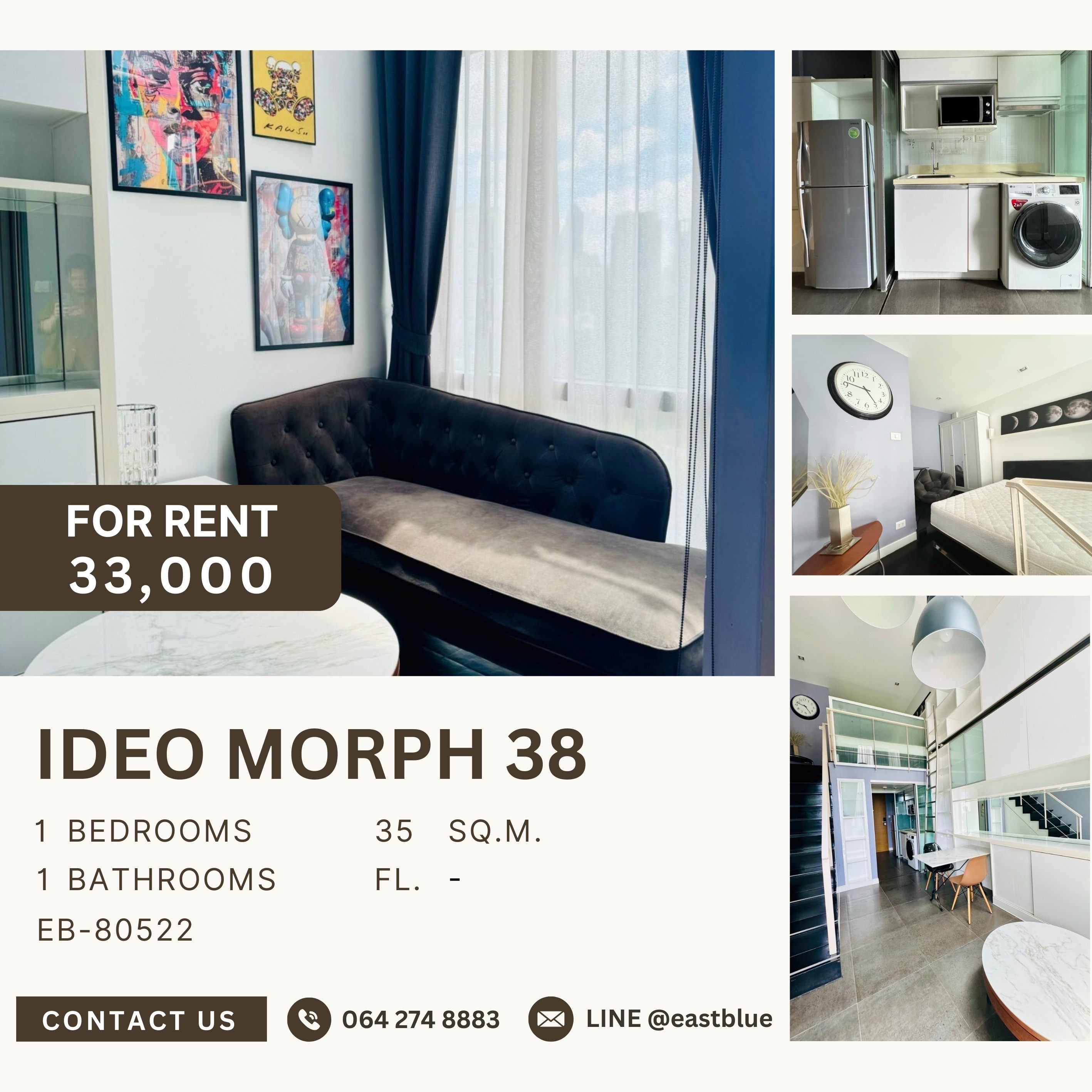 For RentCondoSukhumvit, Asoke, Thonglor : Ideo Morph 38, 1 bed, 33000 per month