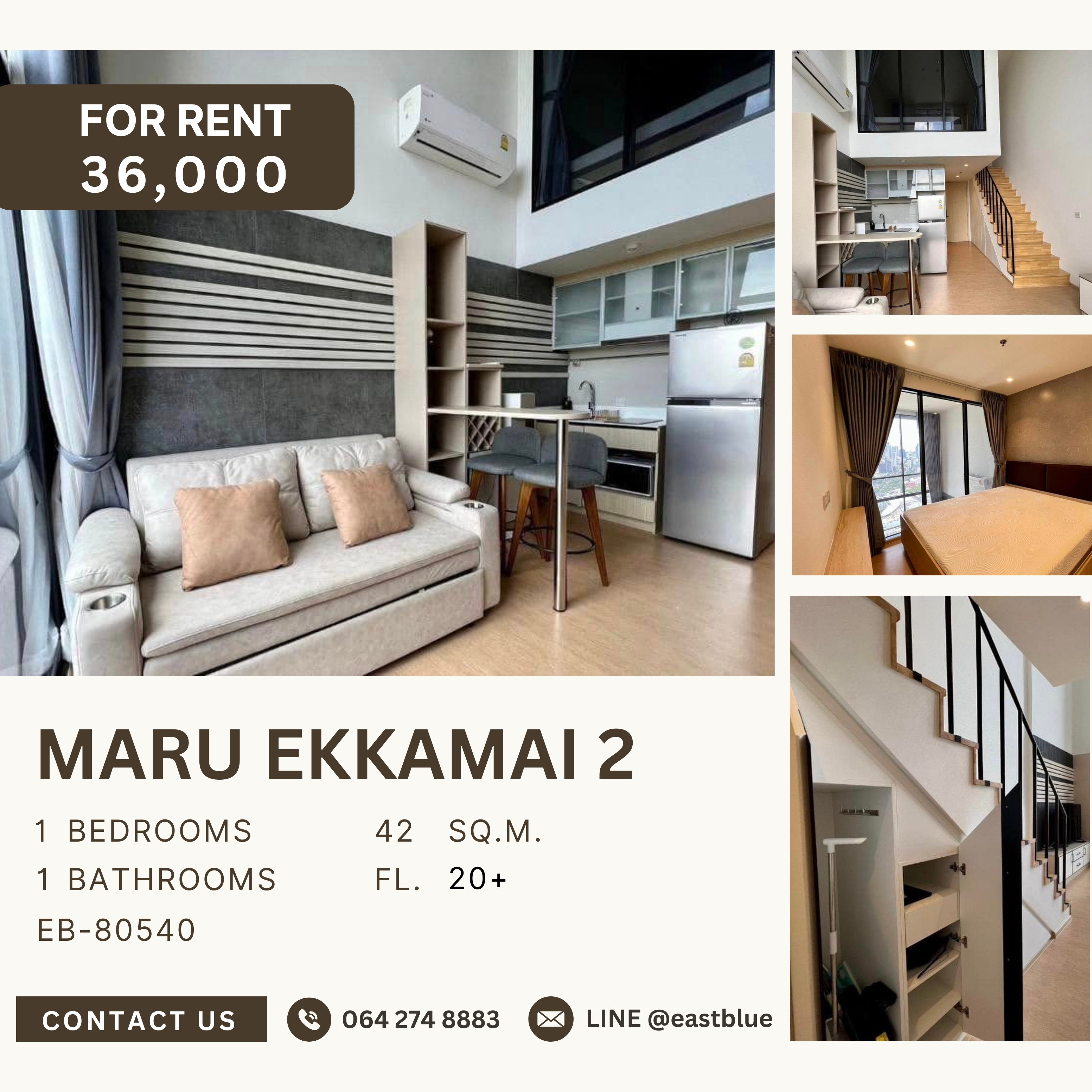 ให้เช่าคอนโดสุขุมวิท อโศก ทองหล่อ : Maru Ekkamai 2, 1 bed, 36000 per month