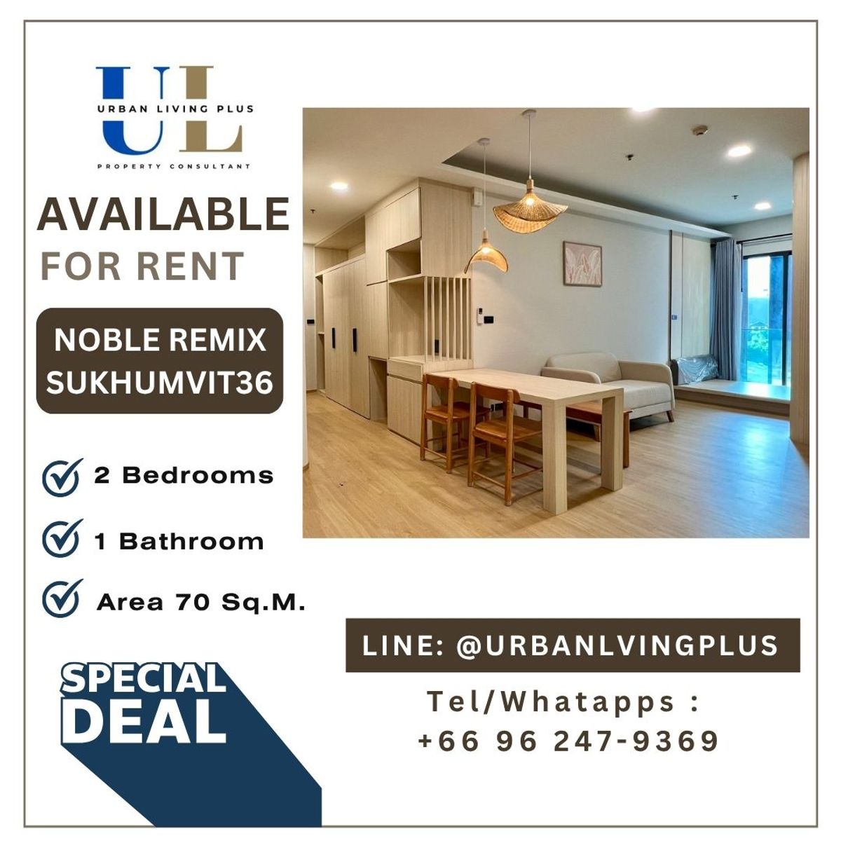 For RentCondoSukhumvit, Asoke, Thonglor : ( U20241103100 ) New Renovation Tel/Line 096-2479369 , FOR RENT NOBLE REMIX 2 bedroom 1 bathroom 70 Sq.M. Ready to move BEST Price!!!