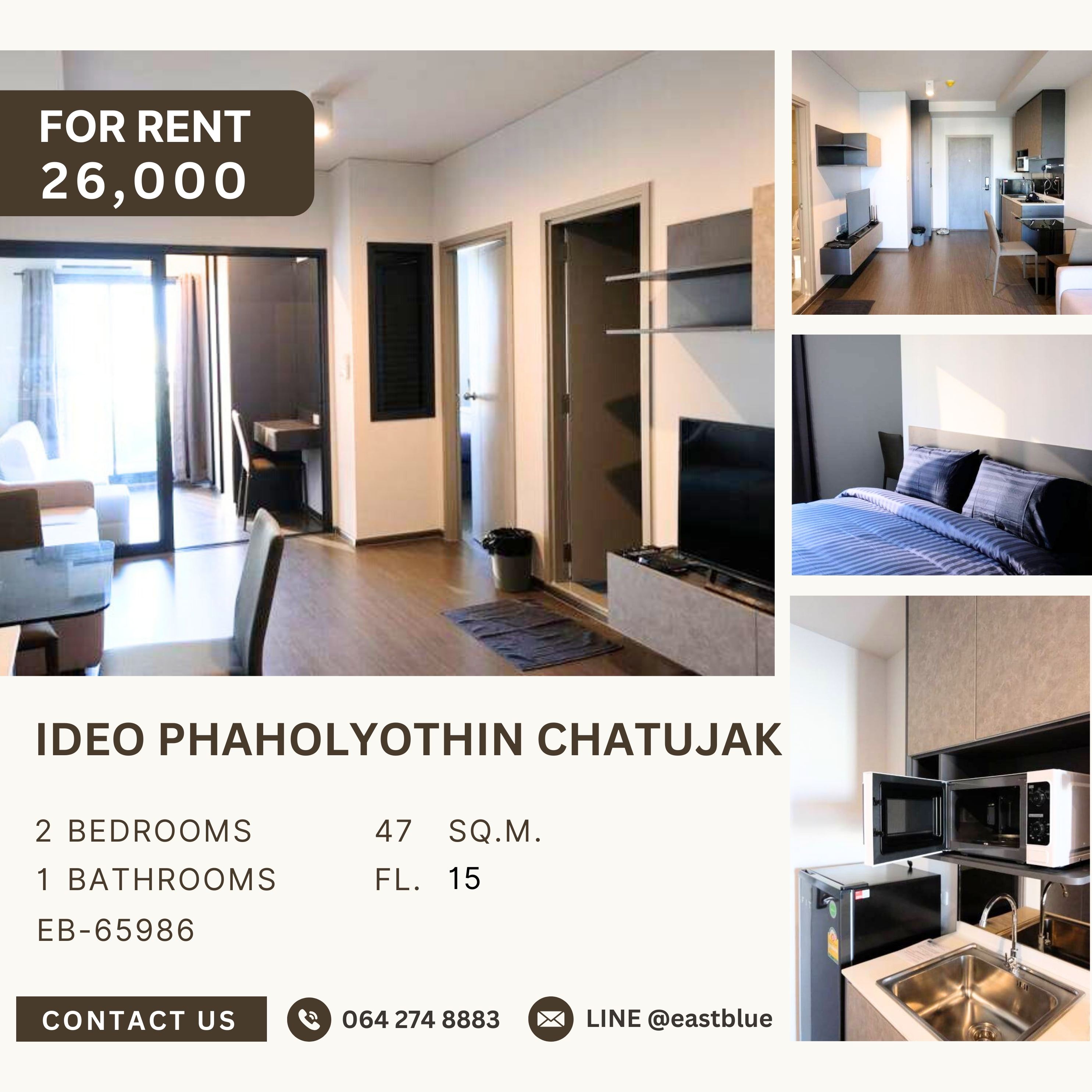 For RentCondoSapankwai,Jatujak : Ideo Phaholyothin Chatujak, 2 bed, 26000 per month