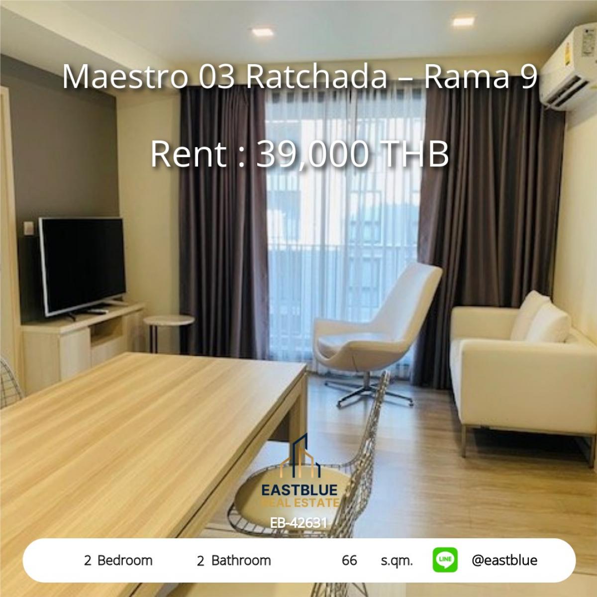 For RentCondoRama9, Petchburi, RCA : Ready to move in! Maestro 03 condominium at Ratchada-Rama 9, 2 bedrooms in the city center
Rent 39,000 baht/month, near MRT Rama 9, convenient for every lifestyle!