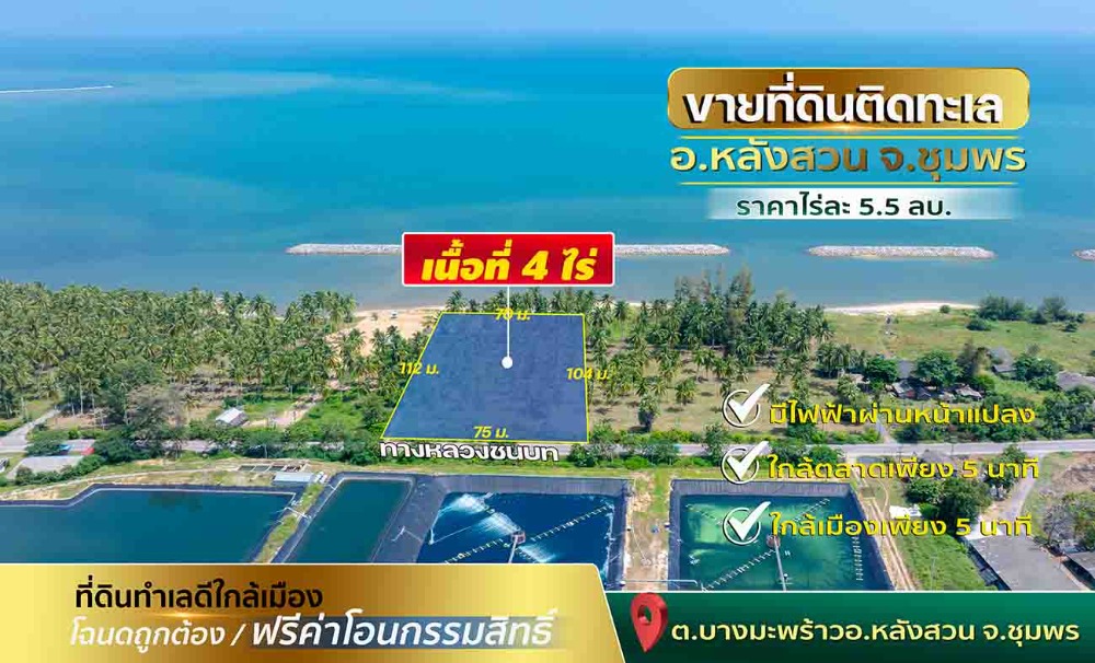 ขายที่ดินชุมพร : ขายที่ดินติดทะเล ชุมพร บางมะพร้าว หลังสวน ชายทะเลหมู่ 12 เนี้อที่ 4 ไร่