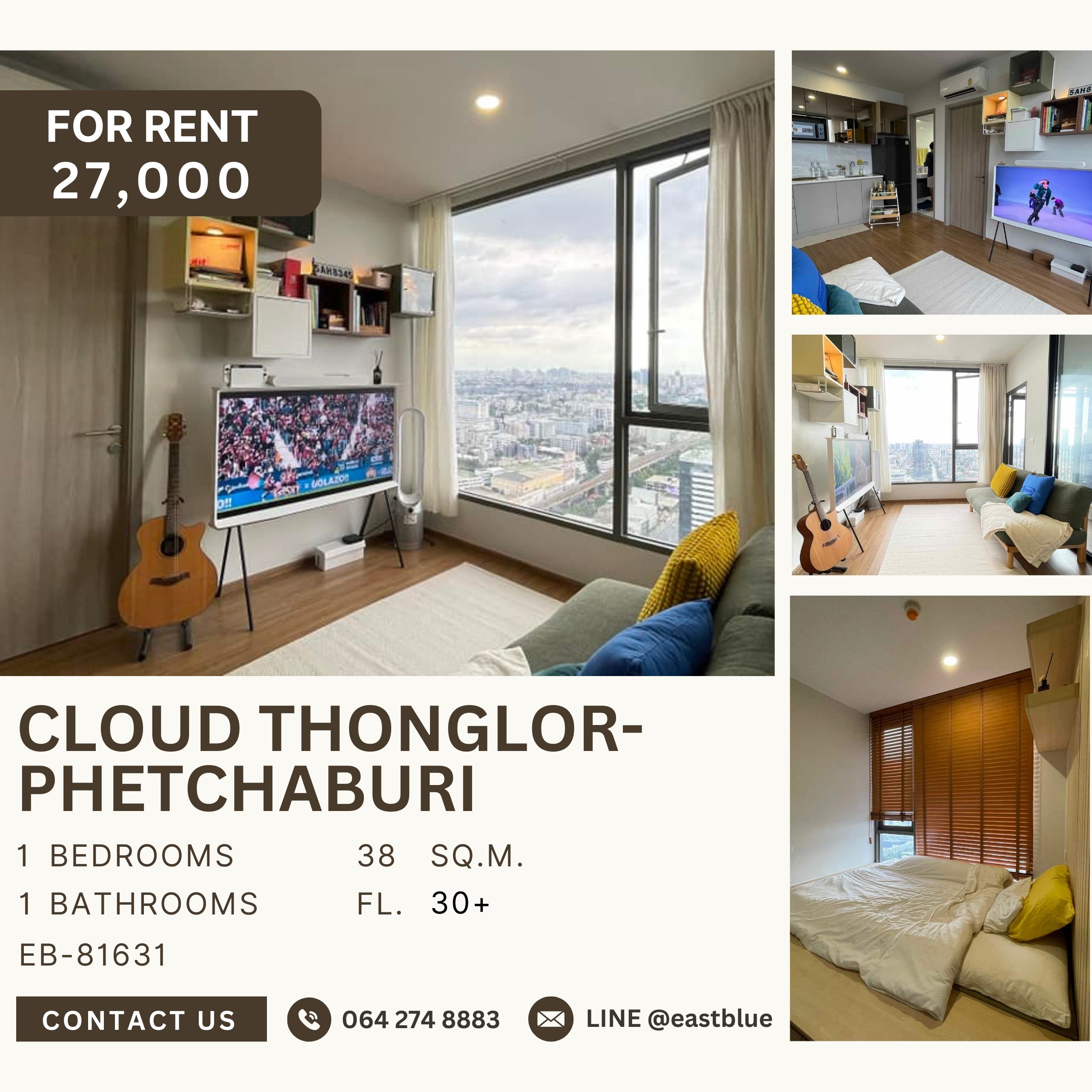 For RentCondoRama9, Petchburi, RCA : CLOUD Thonglor-Phetchaburi, 1 bed, 27000 per month