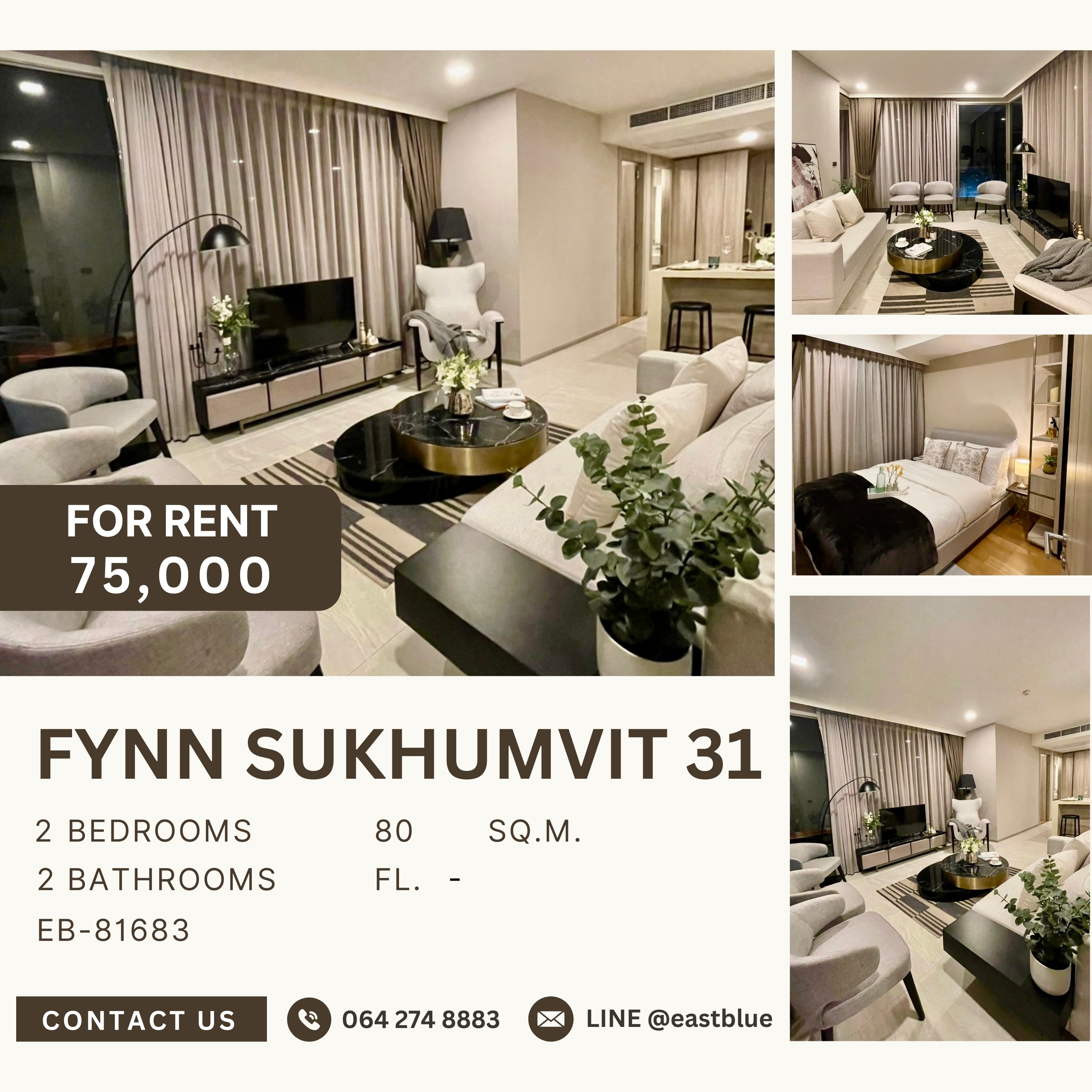 ให้เช่าคอนโดสุขุมวิท อโศก ทองหล่อ : FYNN Sukhumvit 31, 2 bed, 75000 per month