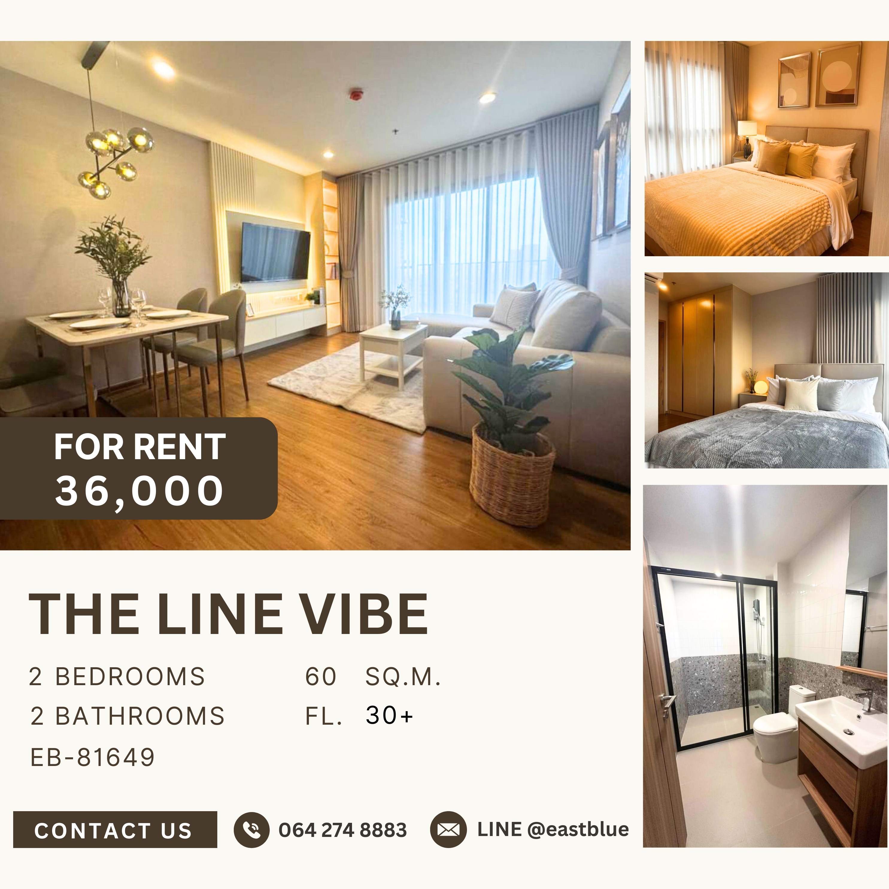 ให้เช่าคอนโดลาดพร้าว เซ็นทรัลลาดพร้าว : THE LINE VIBE, 2 bed, 36000 per month