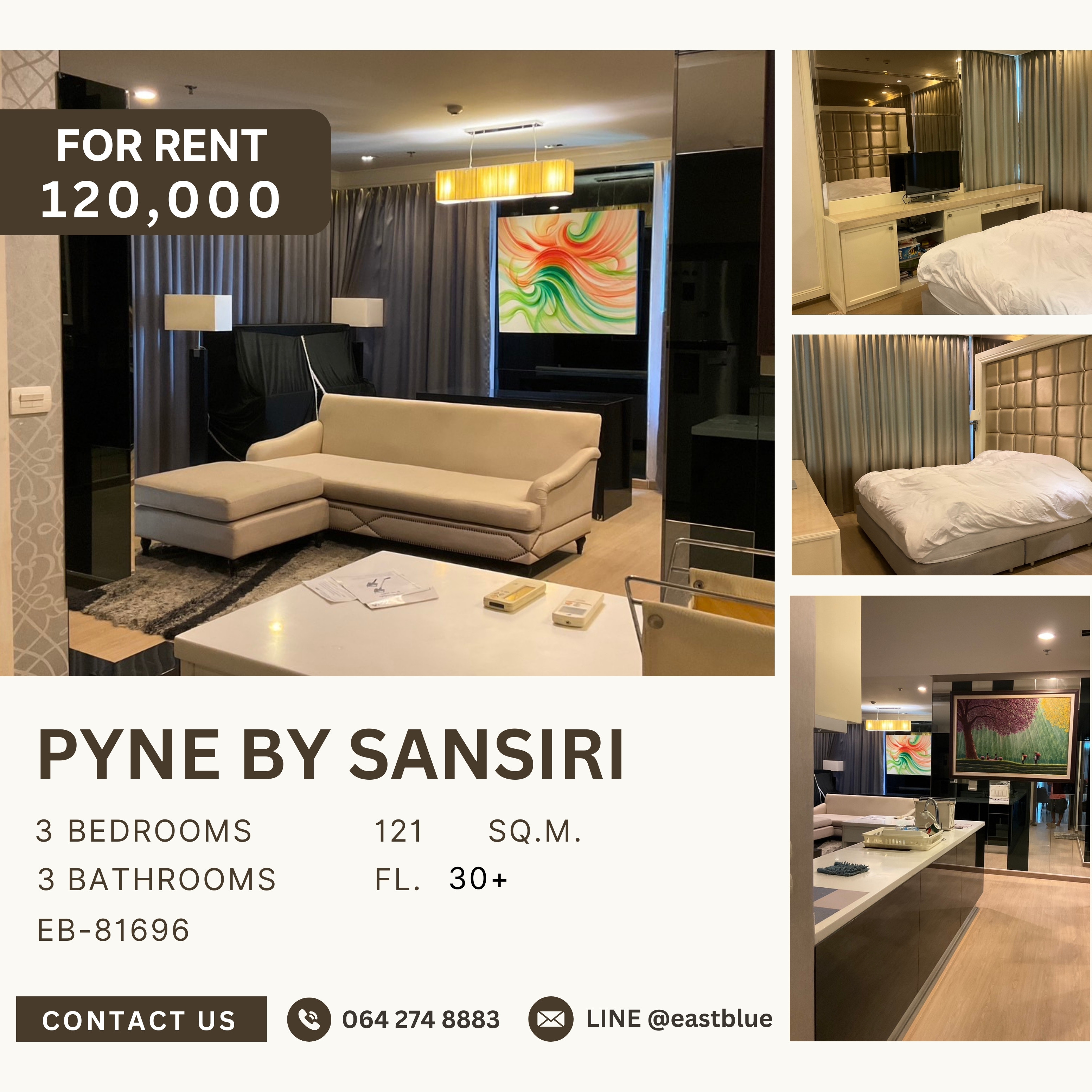 For RentCondoRatchathewi,Phayathai : Pyne By Sansiri, 3 bed, 120000 per month