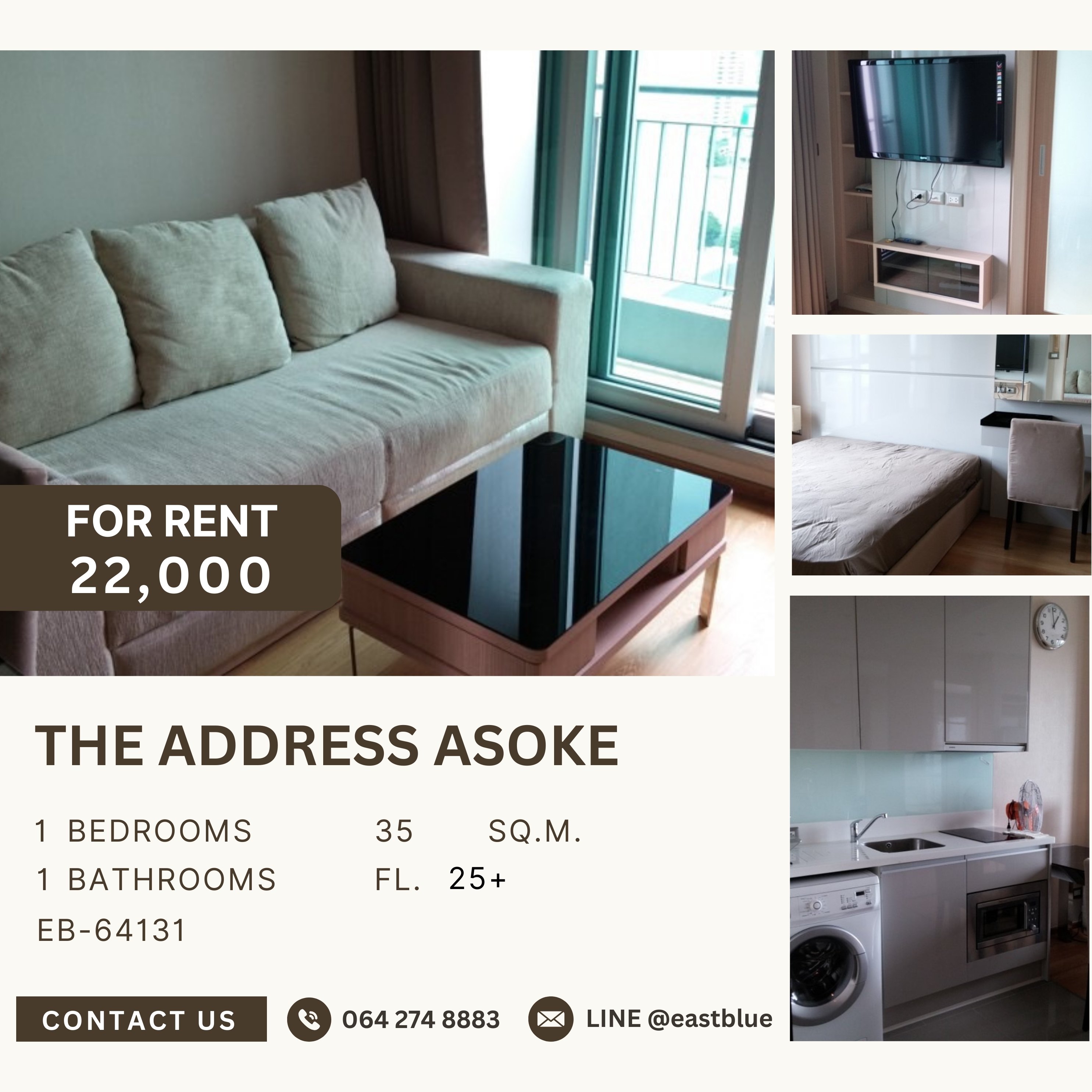 For RentCondoRama9, Petchburi, RCA : The Address Asoke, 1 bed, 22000 per month