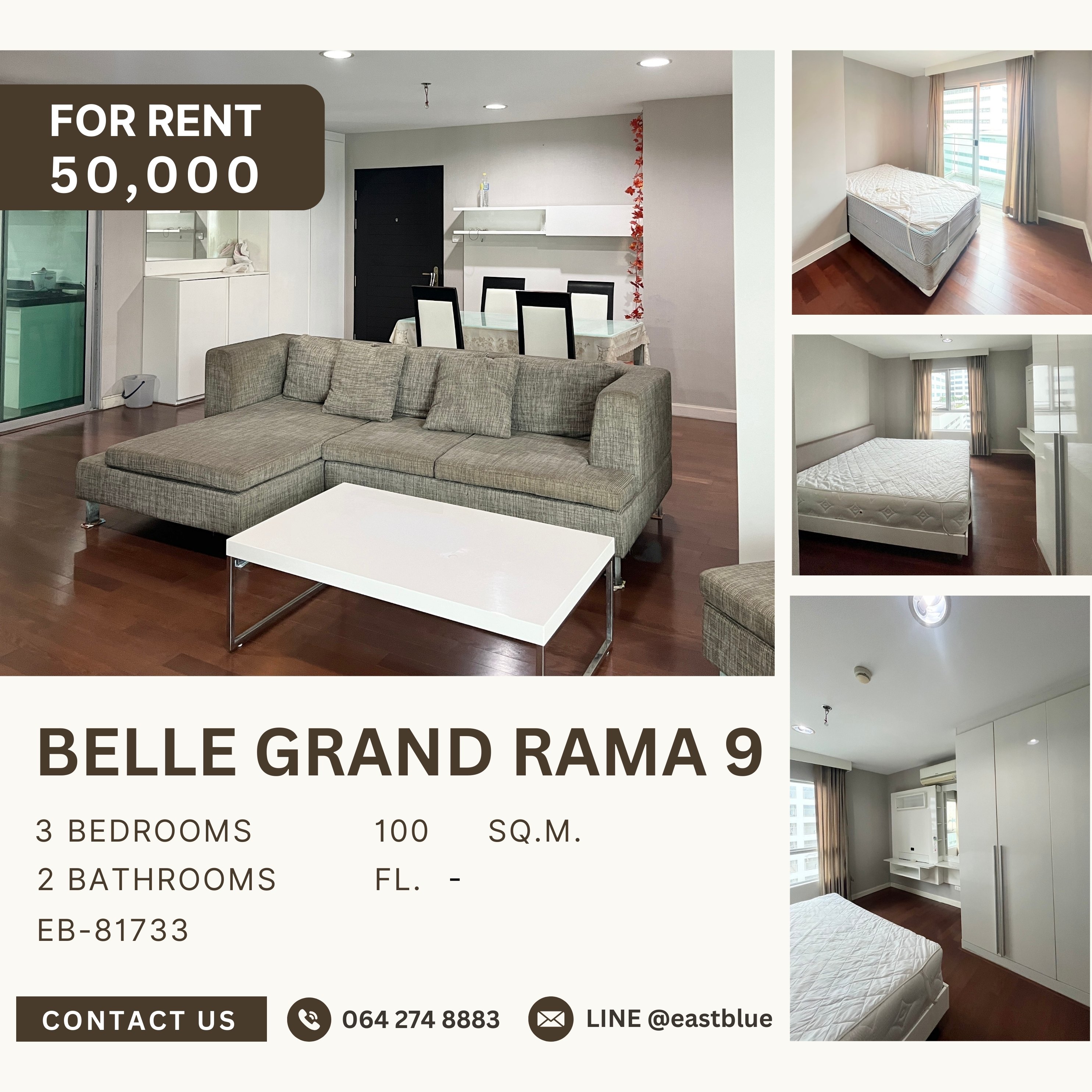 ให้เช่าคอนโดพระราม 9 เพชรบุรีตัดใหม่ RCA : Belle Grand Rama 9, 3 bed, 50000 per month
