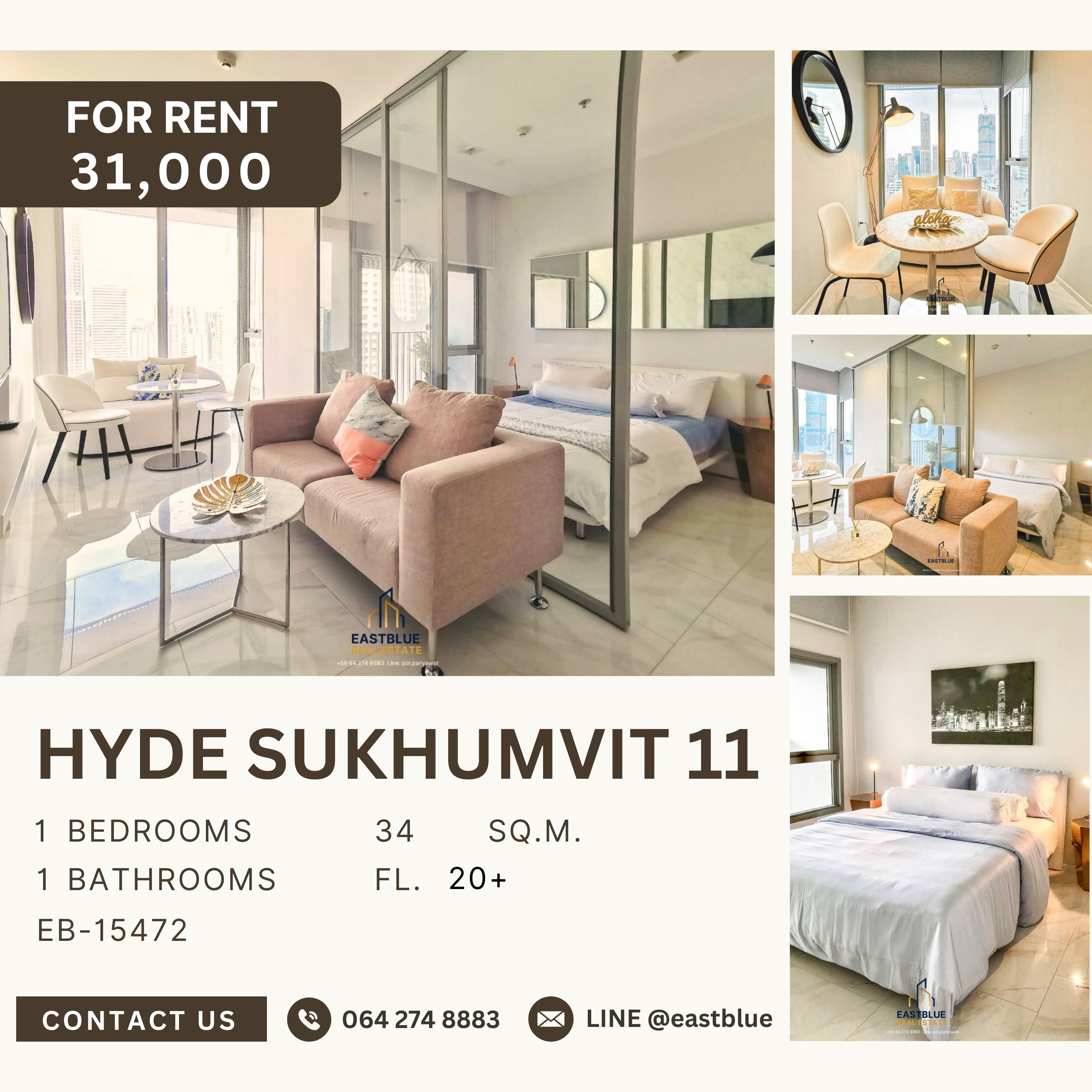 For RentCondoNana, North Nana,Sukhumvit13, Soi Nana : Hyde Sukhumvit 11, 1 bed, 31000 per month