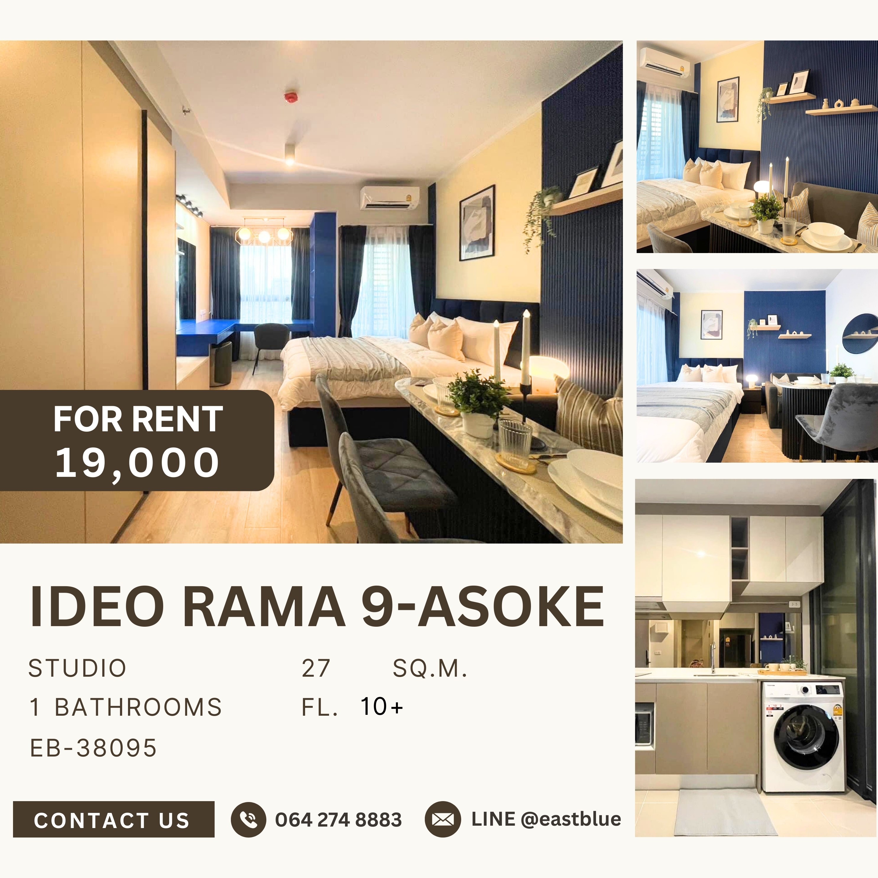 ให้เช่าคอนโดพระราม 9 เพชรบุรีตัดใหม่ RCA : Ideo Rama 9-Asoke, Studio bed, 19000 per month