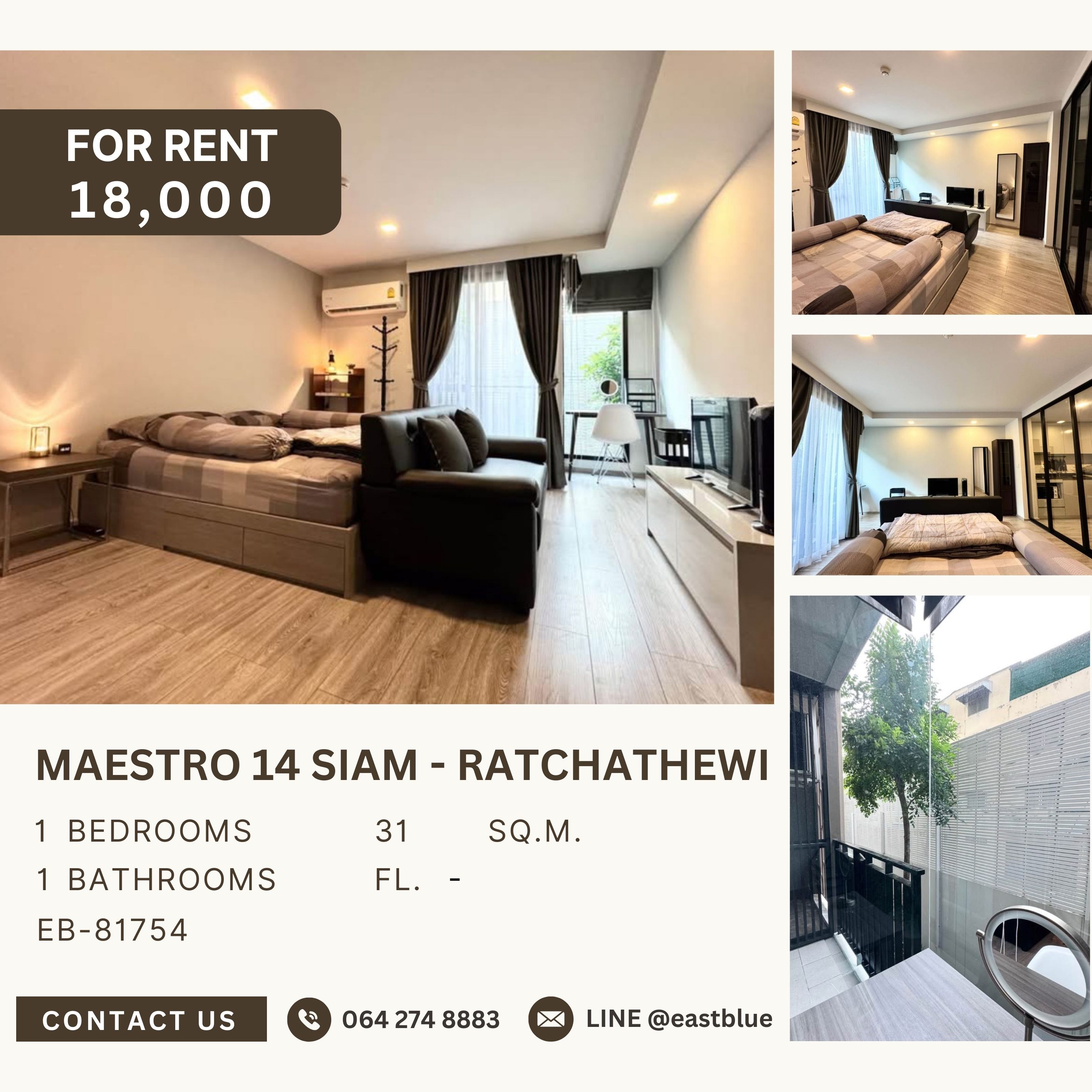 ให้เช่าคอนโดราชเทวี พญาไท : Maestro 14 Siam - Ratchathewi, 1 bed, 18000 per month