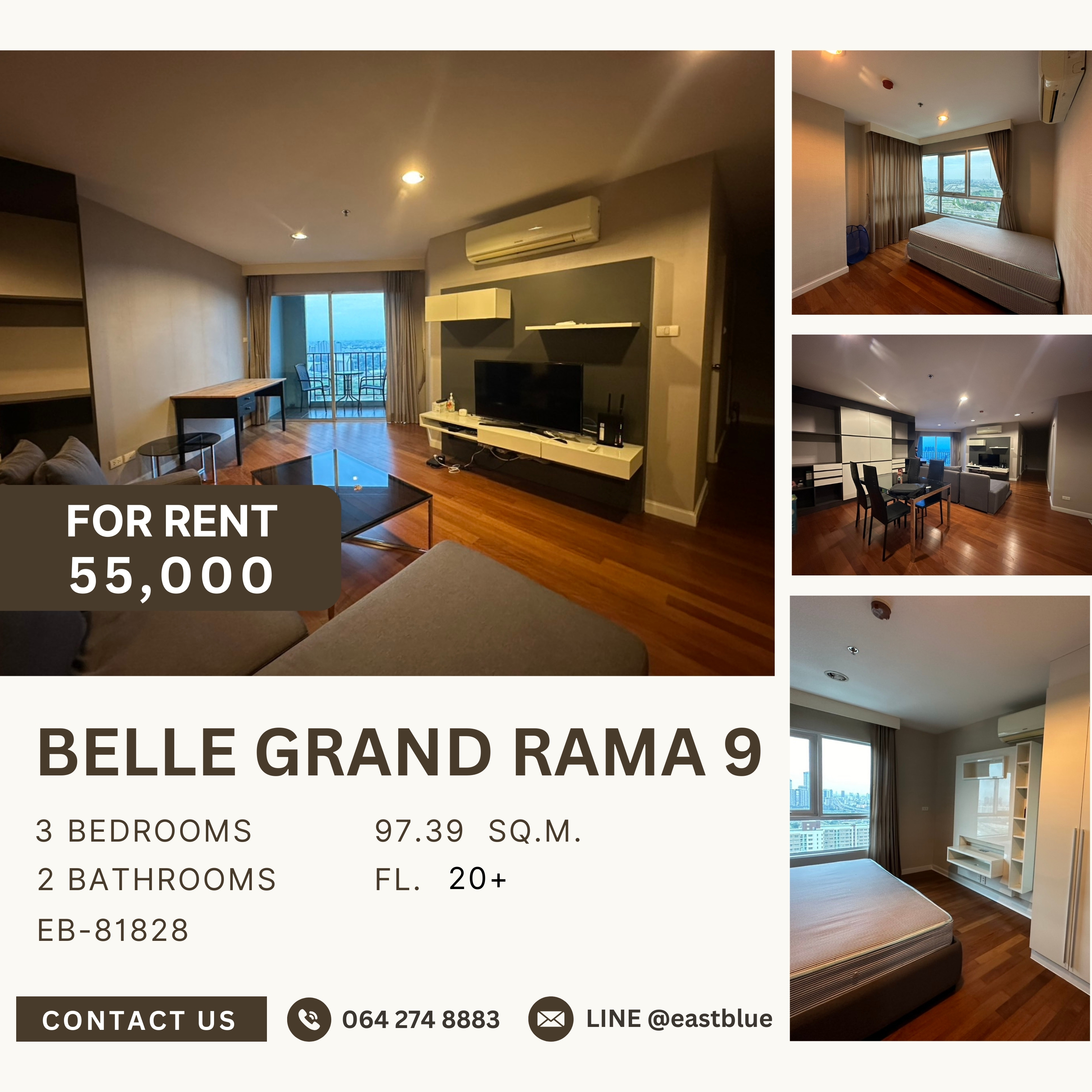 ให้เช่าคอนโดพระราม 9 เพชรบุรีตัดใหม่ RCA : Belle Grand Rama 9, 3 bed, 55000 per month