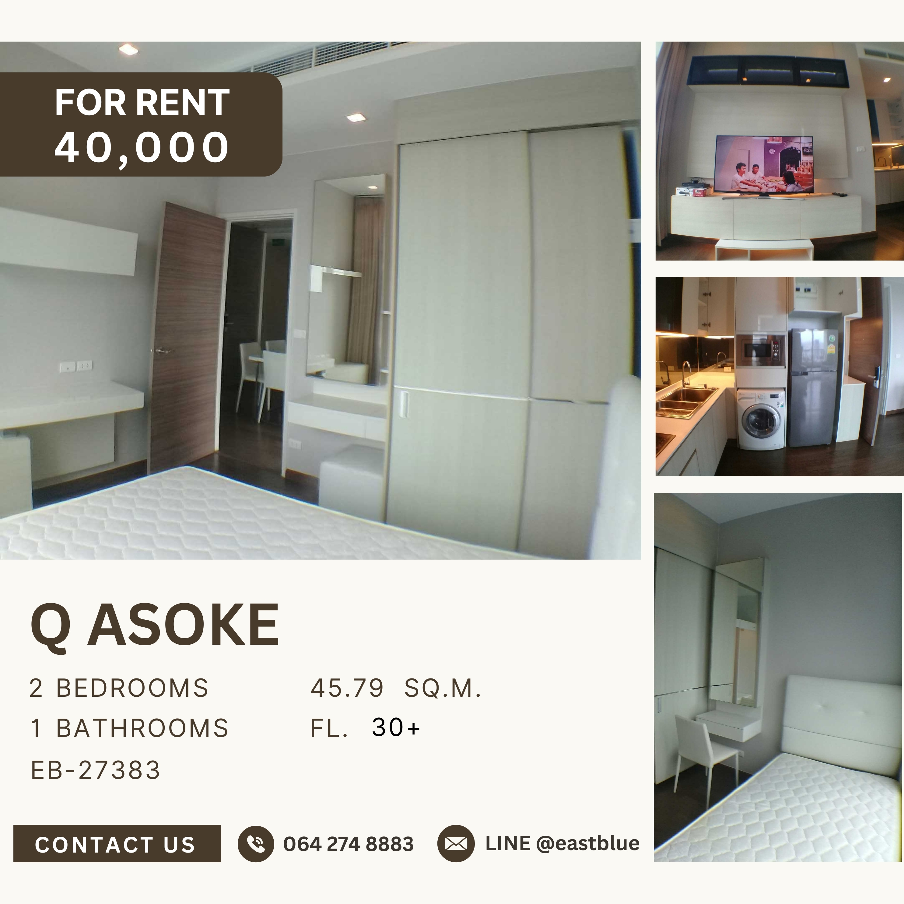 For RentCondoRama9, Petchburi, RCA : Q Asoke, 2 bed, 40000 per month