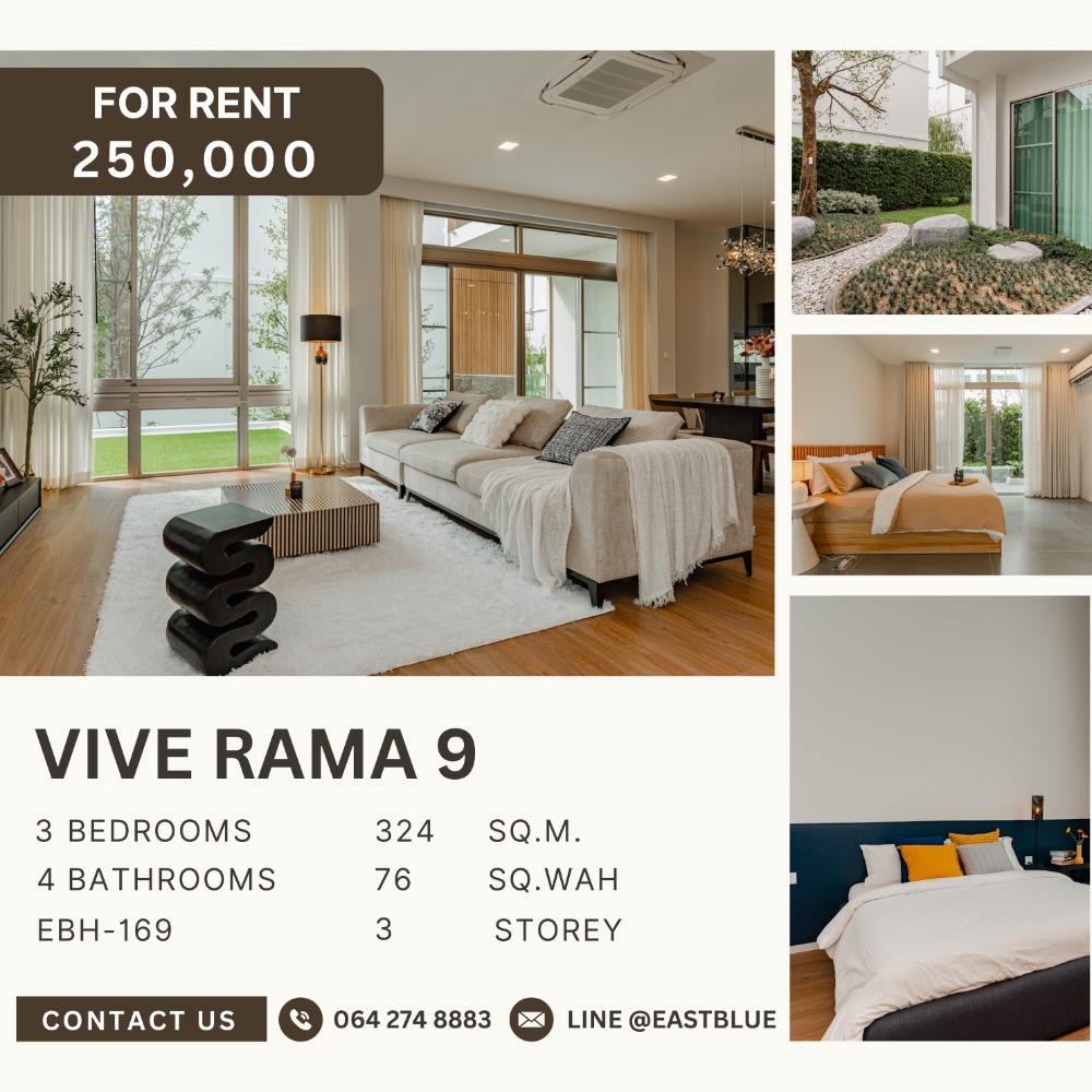 For RentHousePattanakan, Srinakarin : For rent Vive Rama 9 3 bedrooms, 3 bathrooms, has a maids room, beautifully decorated, ready to rent, pets allowed, 250,000 per month