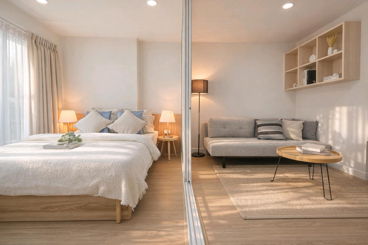 For SaleCondoOnnut, Udomsuk : 🌷Here it is, end of month with the cutest room🌷 Installment starts at only 7,xxx baht🌈Fully furnished, just bring your bags and youre ready to move in🏠