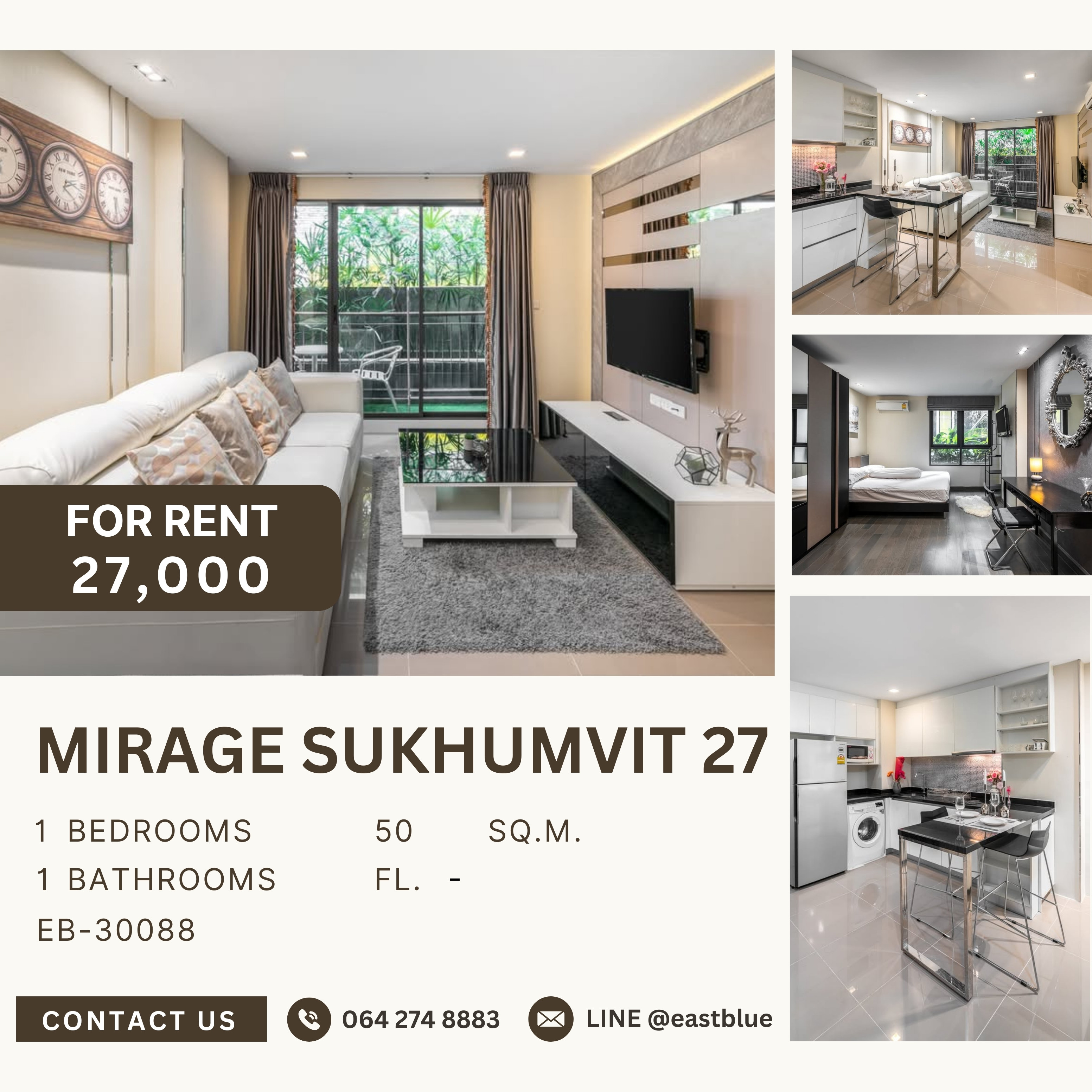 ให้เช่าคอนโดสุขุมวิท อโศก ทองหล่อ : Mirage Sukhumvit 27, 1 bed, 27000 per month