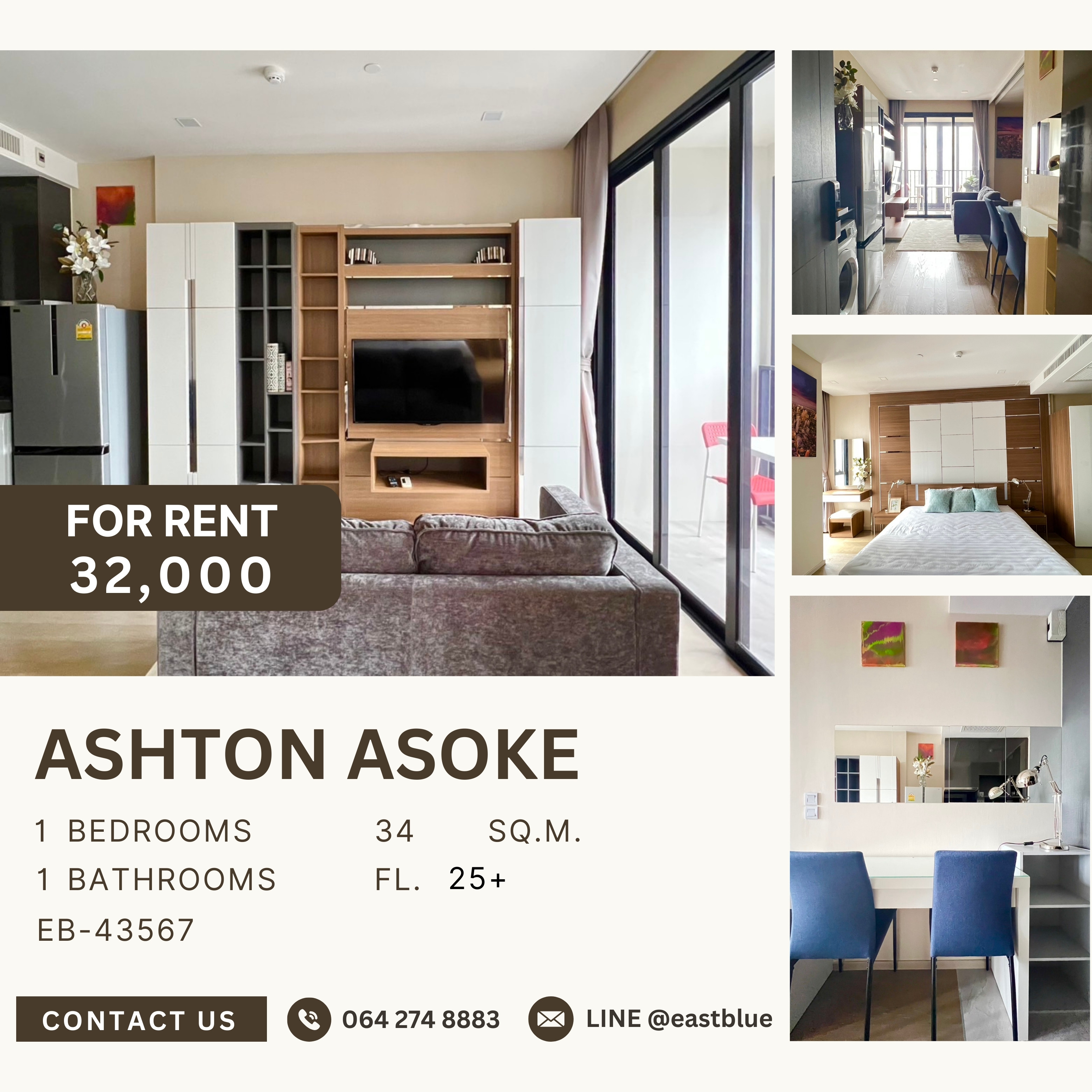 ให้เช่าคอนโดสุขุมวิท อโศก ทองหล่อ : Ashton Asoke, 1 bed, 32000 per month
