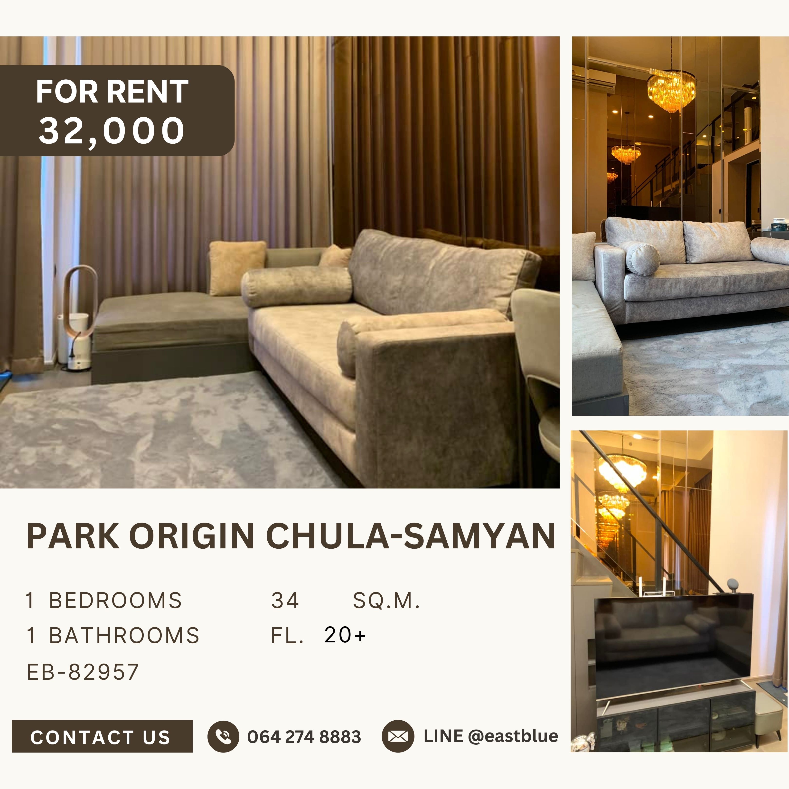 ให้เช่าคอนโดสยาม จุฬา สามย่าน : Park Origin Chula-Samyan, 1 bed, 32000 per month