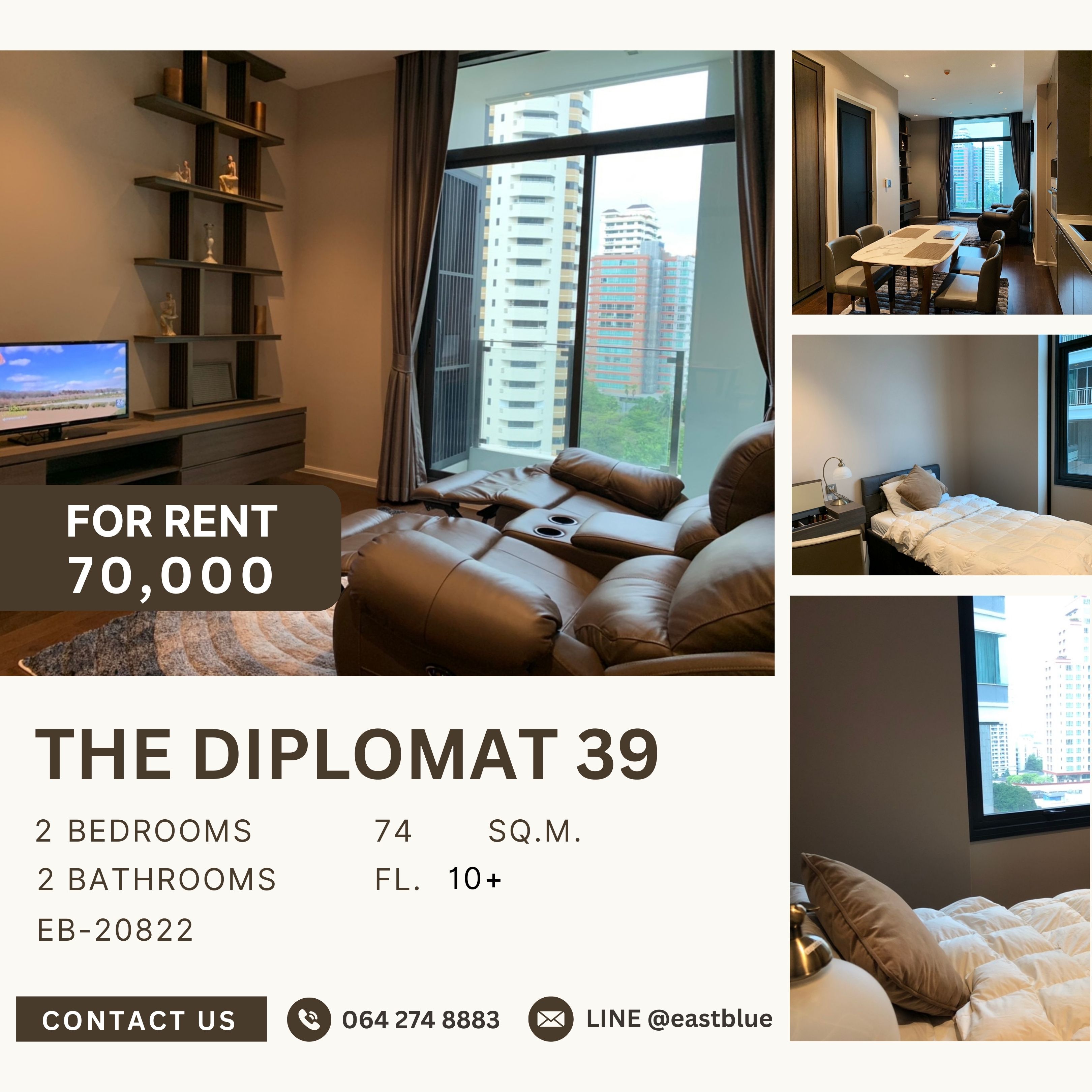 ให้เช่าคอนโดสุขุมวิท อโศก ทองหล่อ : The Diplomat 39, 2 bed, 70000 per month