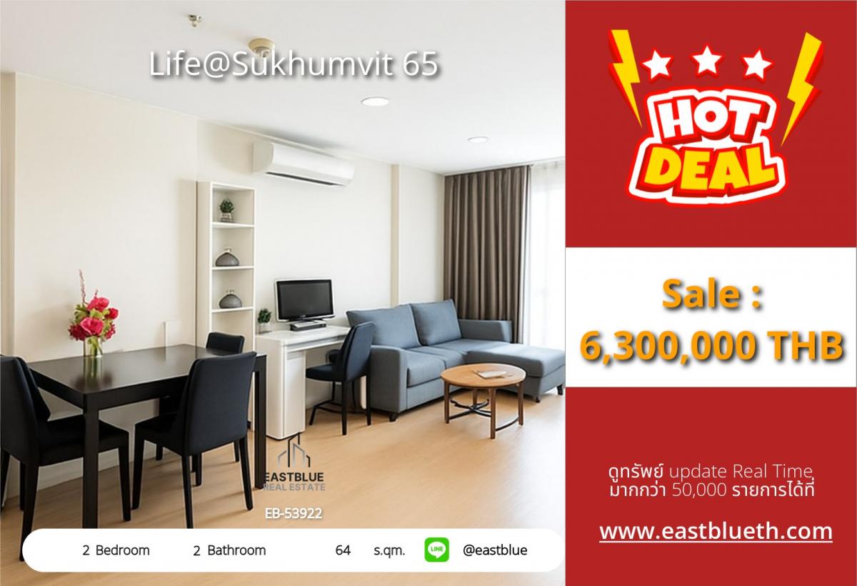 ขายคอนโดอ่อนนุช อุดมสุข : 28/01/2026, รวมค่าโอนคอนโด Life@Sukhumvit 65 2 ห้องนอน ใกล้ BTS เอกมัย เพียง 6.3 ล้าน ลงทุนหรืออยู่เองสุดคุ้ม!