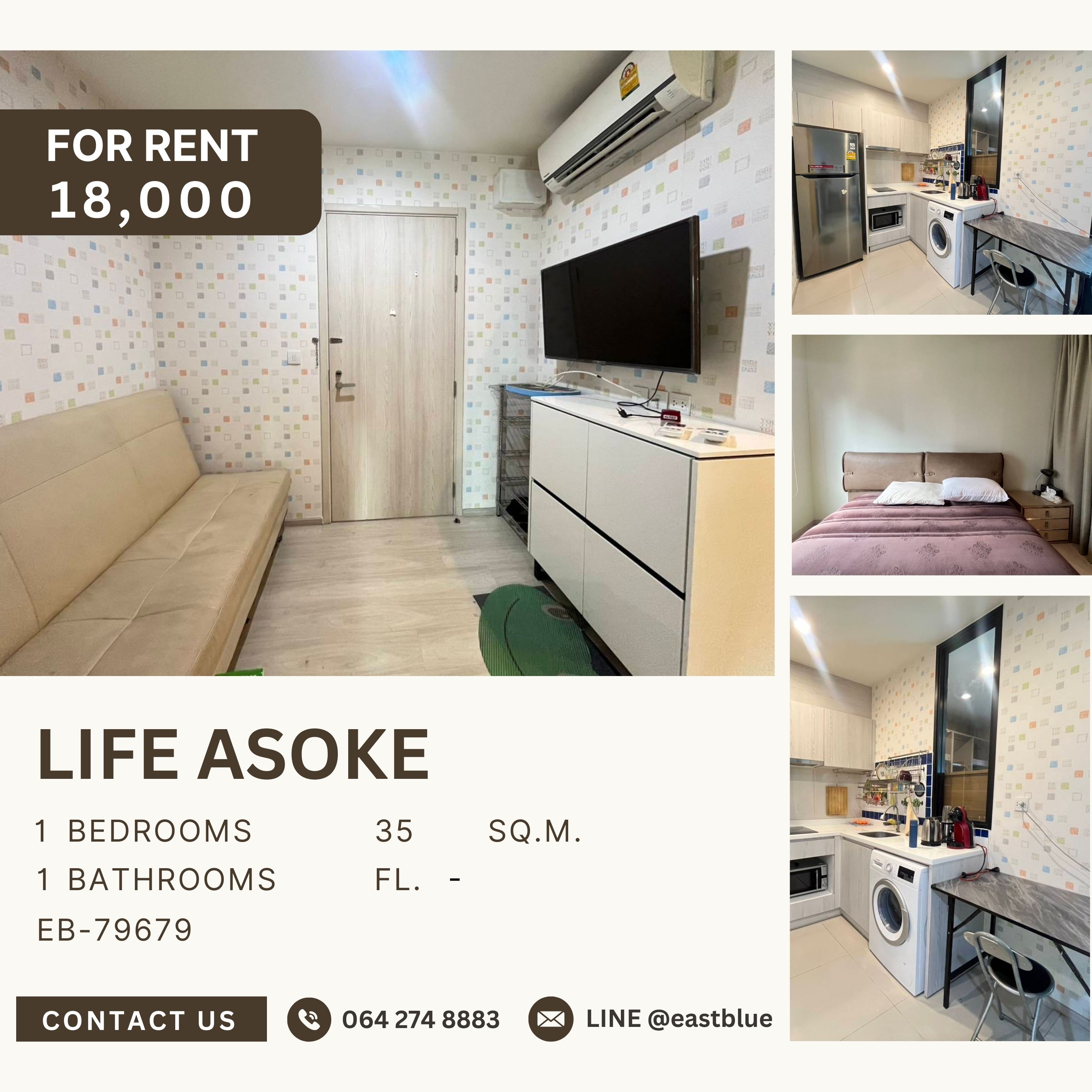 For RentCondoRama9, Petchburi, RCA : Life Asoke, 1 bed, 18000 per month