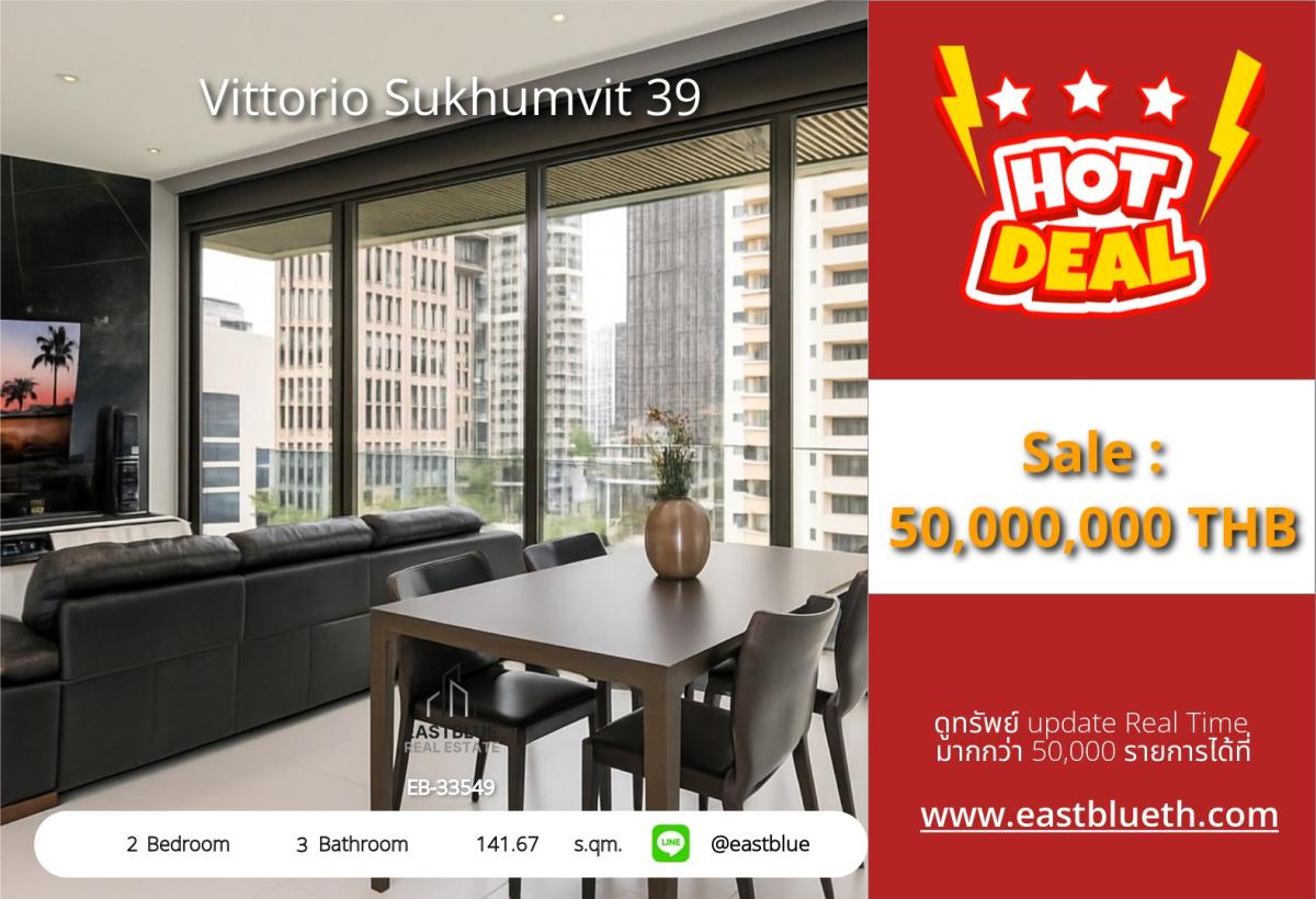 For SaleCondoSukhumvit, Asoke, Thonglor : Luxury condo Vittorio Sukhumvit 39 near BTS Phrom PhongCity center accommodation with 2 bedrooms, 3 bathrooms, 141 sq.m. Price 50 million!