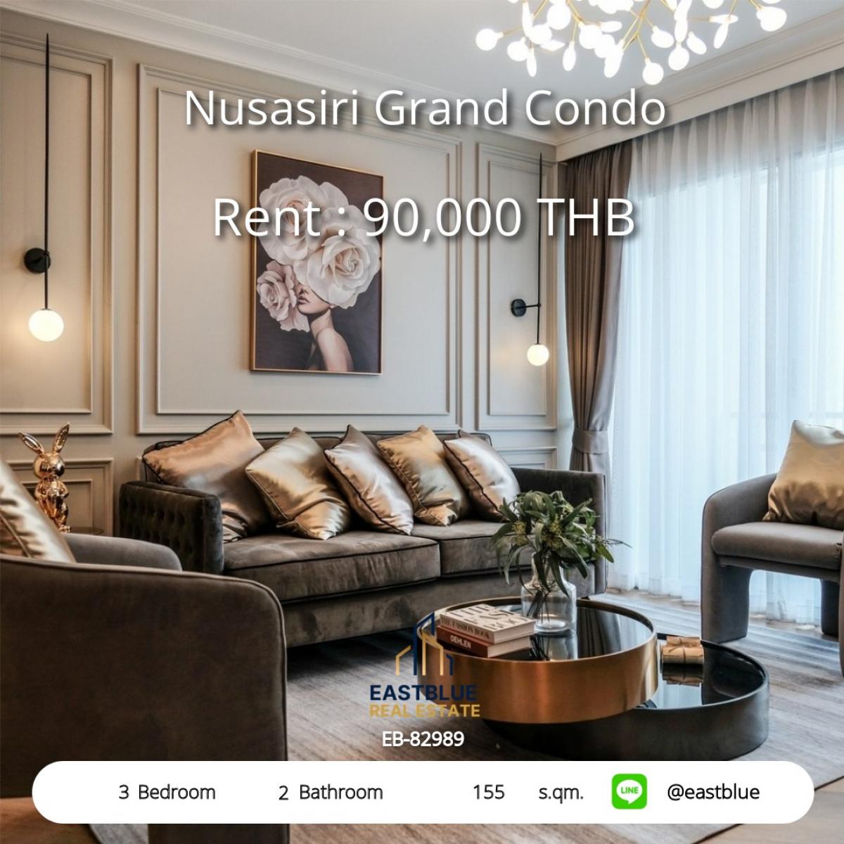 For RentCondoSukhumvit, Asoke, Thonglor : Luxury 3-Bed Condo at Nusasiri Grand – BTS Ekkamai, 155 sqm, Rent 90KNear Gateway Ekkamai, complete fitness-pool with 24-hour security system.