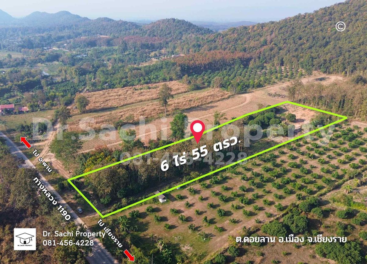 For SaleLandChiang Rai : Beautiful land for sale on a hill behind a mountain, 6 rai 55 sq wah, beautiful view, with teak trees, near the dual-track railway station, Ban Pong Kluea